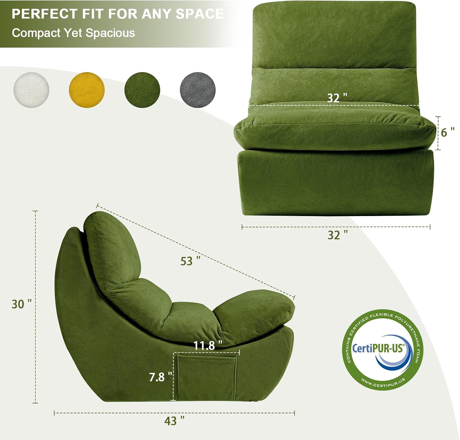 Comfy Reading Chair for Adults, Modular Sectional Sofa Bean Bag Chair, Cloud Boneless Couch Style with High Rebound Foam, Single Seat Compressible Sofa for Living Room & Bedroom, Green