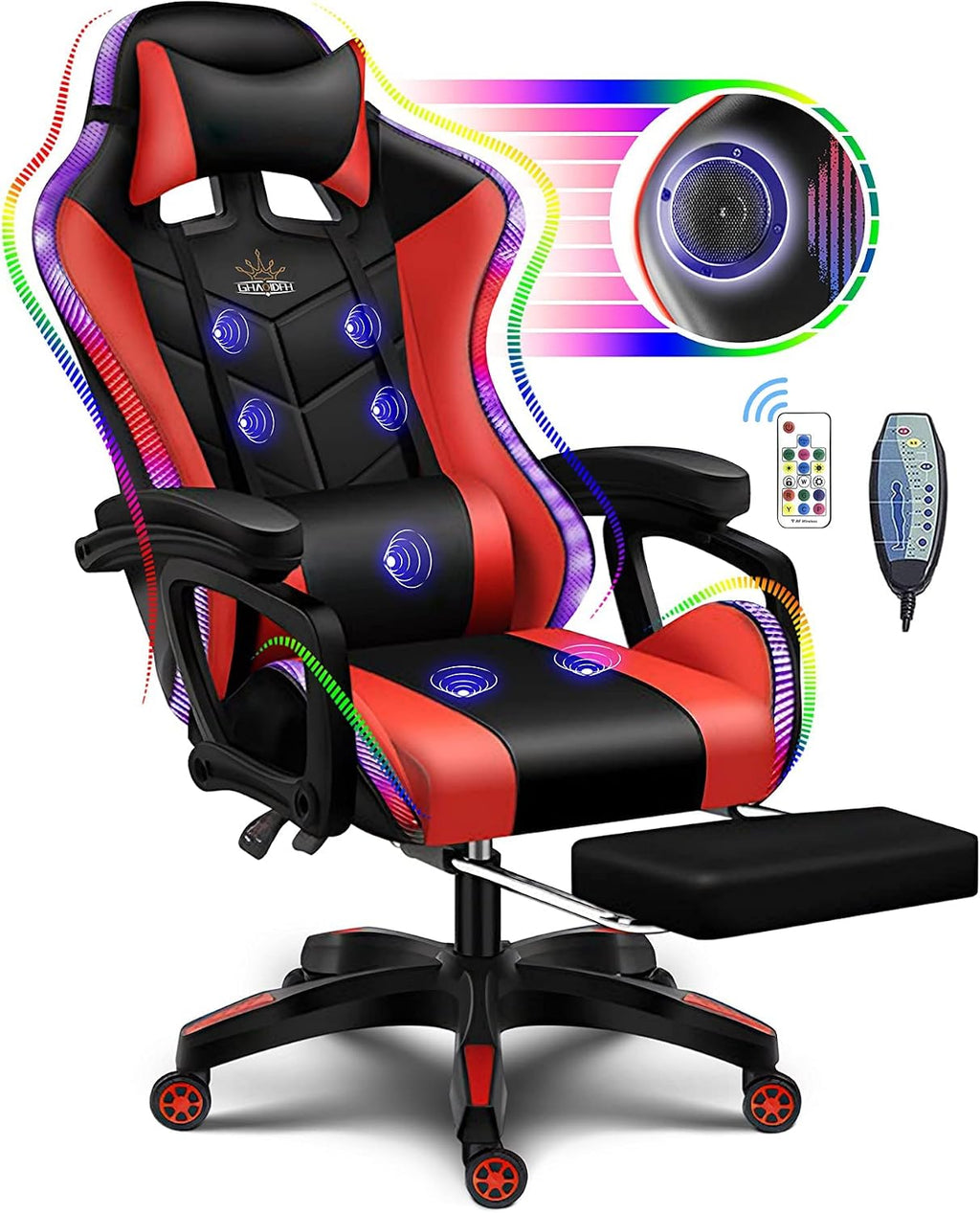 Gaming Chairs with Speakers, Gaming Chair with LED Light/Pro Full Massage Lumbar Support, High Back Office Chair-Gamer Chair with Footrest and Lumbar Support,Red