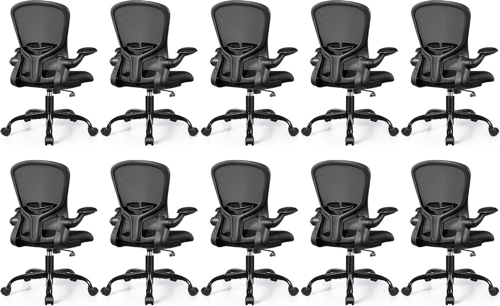 FelixKing Office Desk Chairs, Ergonomic PC Desk Chair with Wheels, Adjustable Lumbar Support and Height, Swivel Computer Chair with Flip-up Armrests, Ergo Mesh Backrest for Working (Black, Pack of 10)