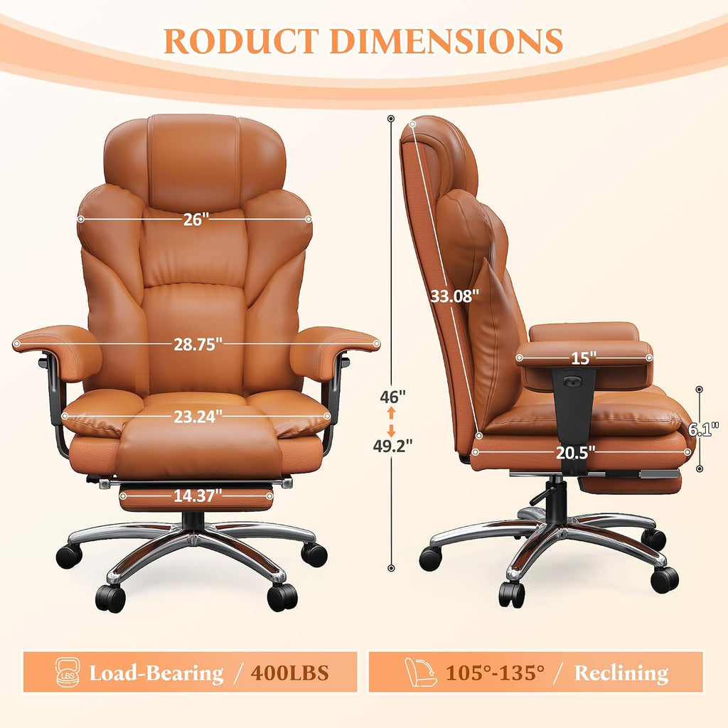 DurayLoly Office Chair with High Back,Big and Tall Executive Leather Office Chair with Foot Rest & Arms,Wide Reclining Desk Chair Ergonomic with Lumbar Support for Home Office,Brown