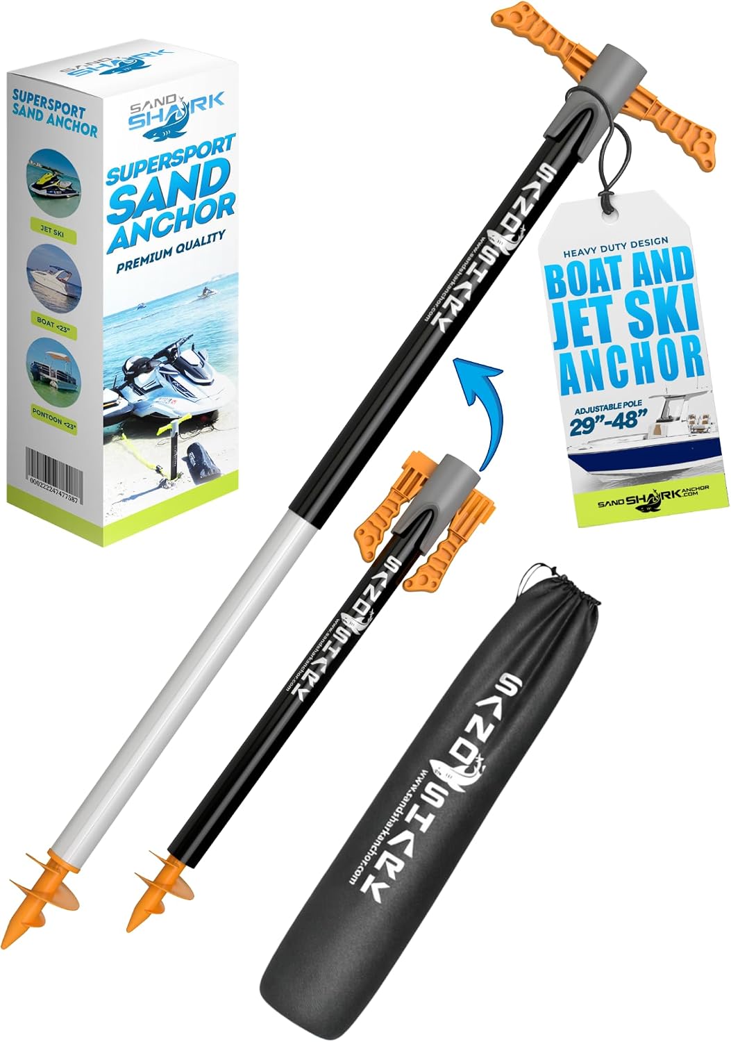 SandShark Supersport 3.0 Shallow Water Anchor - Great Jet Ski, PWC, Pontoon Boat Accessory - Adjusts 29'-48' w/Case