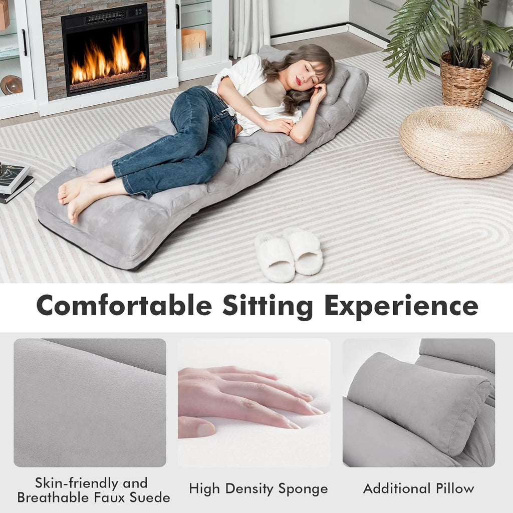KOMFOTT Foldable Floor Lazy Sofa with Pillow, Indoor Chaise Lounger with 5 Adjustable Positions, Adjustable Back Support & Footrest, Video Gaming Chair for Home, Office, Reading, Watching (Grey)