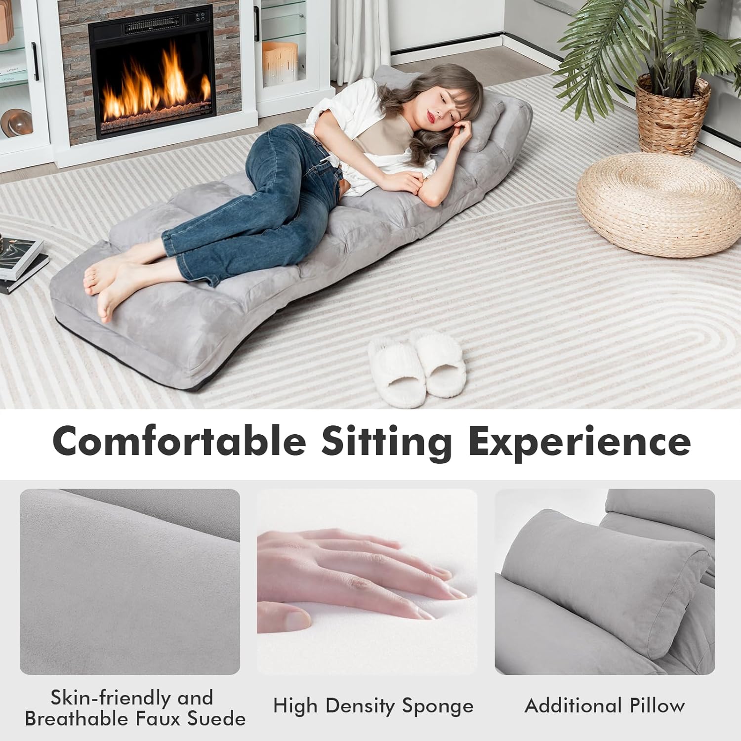 KOMFOTT Foldable Floor Lazy Sofa with Pillow, Indoor Chaise Lounger with 5 Adjustable Positions, Adjustable Back Support & Footrest, Video Gaming Chair for Home, Office, Reading, Watching (Grey)