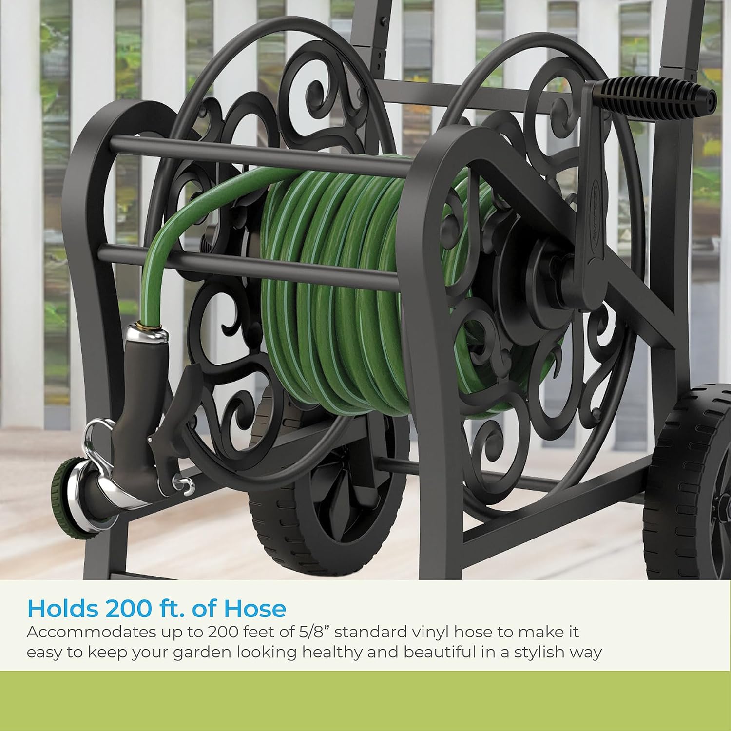 Suncast Metal Decorative 200' Hose Cart with Flat-Free Wheels and Foot Caps, Stylish Garden Hose Reel Cart for 200' of Standard Vinyl Hose