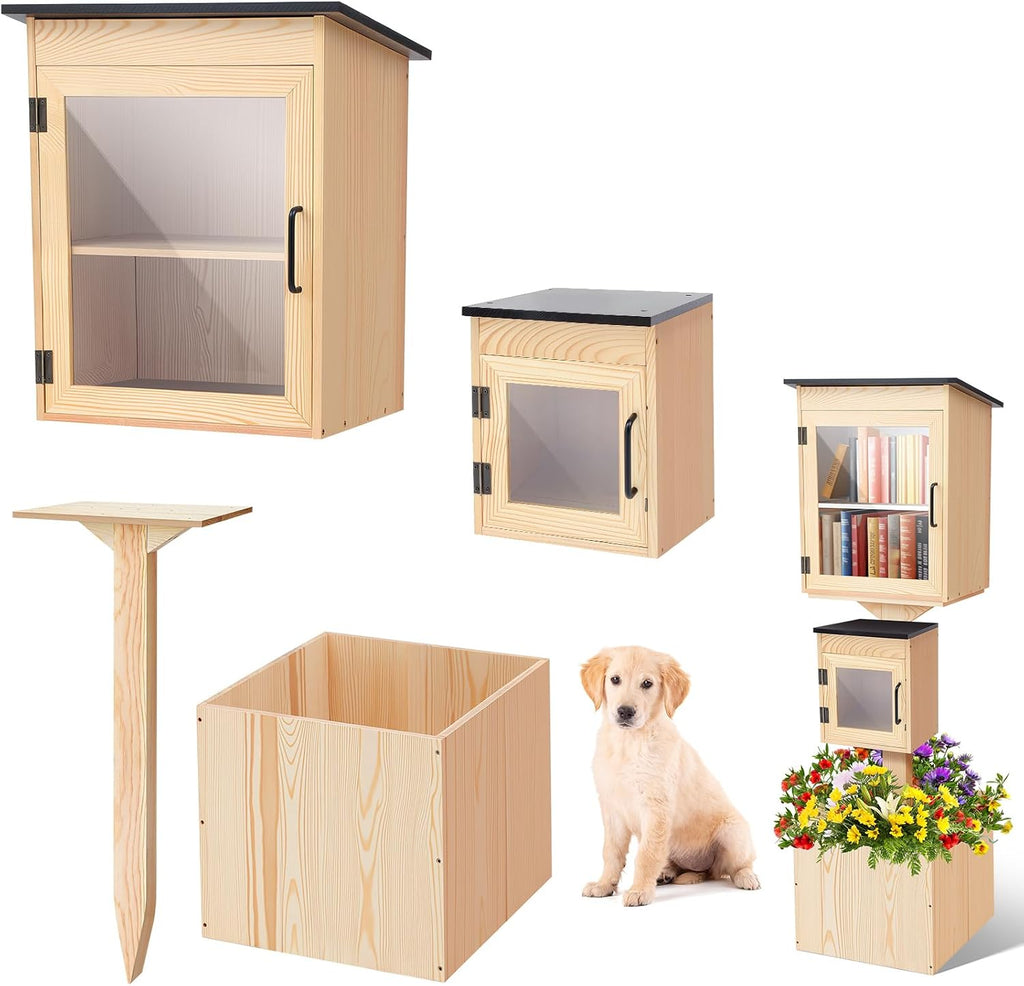 Wonderjune Little Library Box Outdoor Weatherproof Solid Wood Double Book Exchange Box with Pillar-Mounted Mini Library, Floor Plugs & Flower Fence for Community Neighborhood School(Natural Wood)