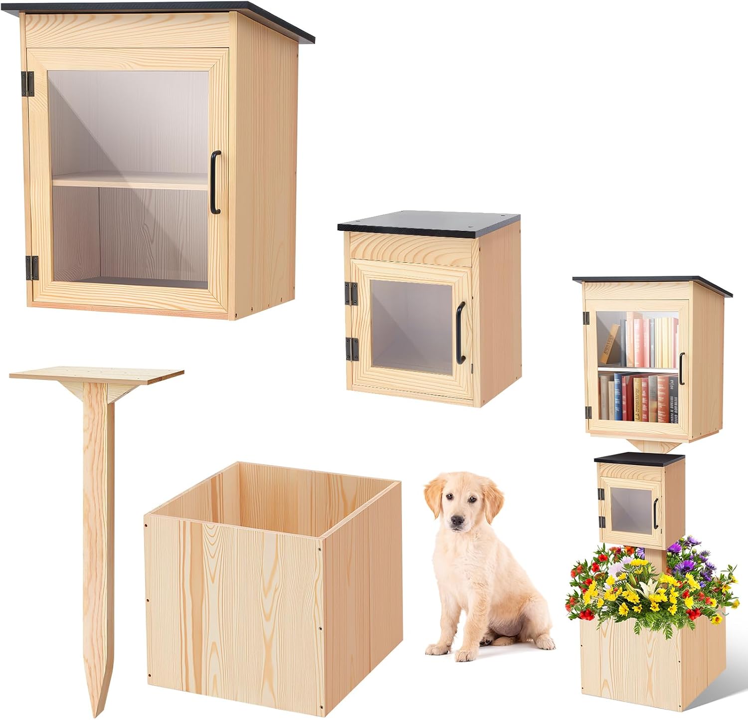 Wonderjune Little Library Box Outdoor Weatherproof Solid Wood Double Book Exchange Box with Pillar-Mounted Mini Library, Floor Plugs & Flower Fence for Community Neighborhood School(Natural Wood)