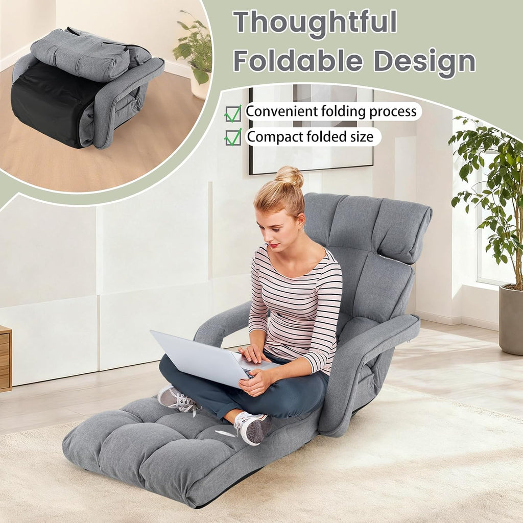 RELAX4LIFE Floor Chair Sofa Bed - Folding Lazy Sofa w/6-Position Adjustable Backrest, Armrests & 8-Level Footrest for Living Room Bedroom, Gaming Floor Chairs for Adults, Foldable Chaise Lounge Indoor