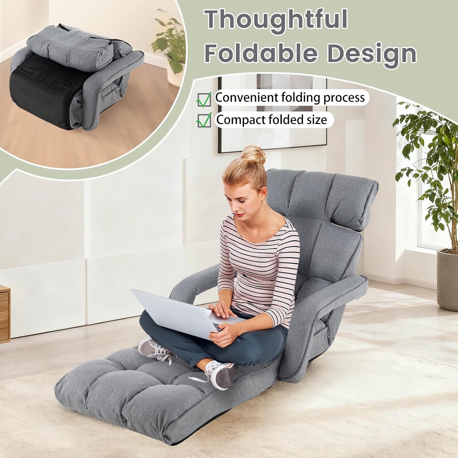 RELAX4LIFE Floor Chair Sofa Bed - Folding Lazy Sofa w/6-Position Adjustable Backrest, Armrests & 8-Level Footrest for Living Room Bedroom, Gaming Floor Chairs for Adults, Foldable Chaise Lounge Indoor