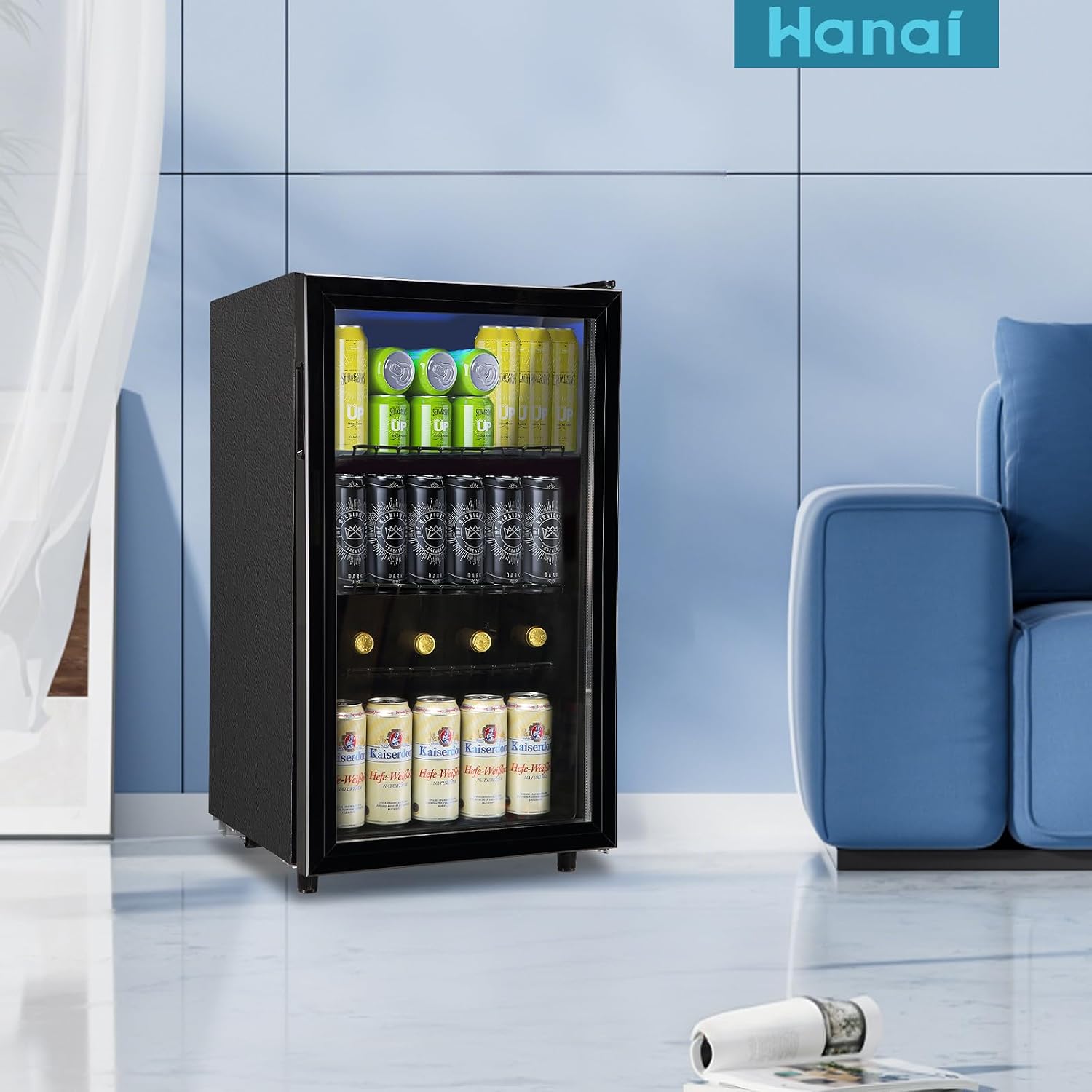 WANAI Mini Fridge Glass Door 120 Cans Beverage Refrigerator Small Wine Cooler Clear Front Drinks Fridge for Soda Beer Bar Home Office with 7 Thermostat LED Light