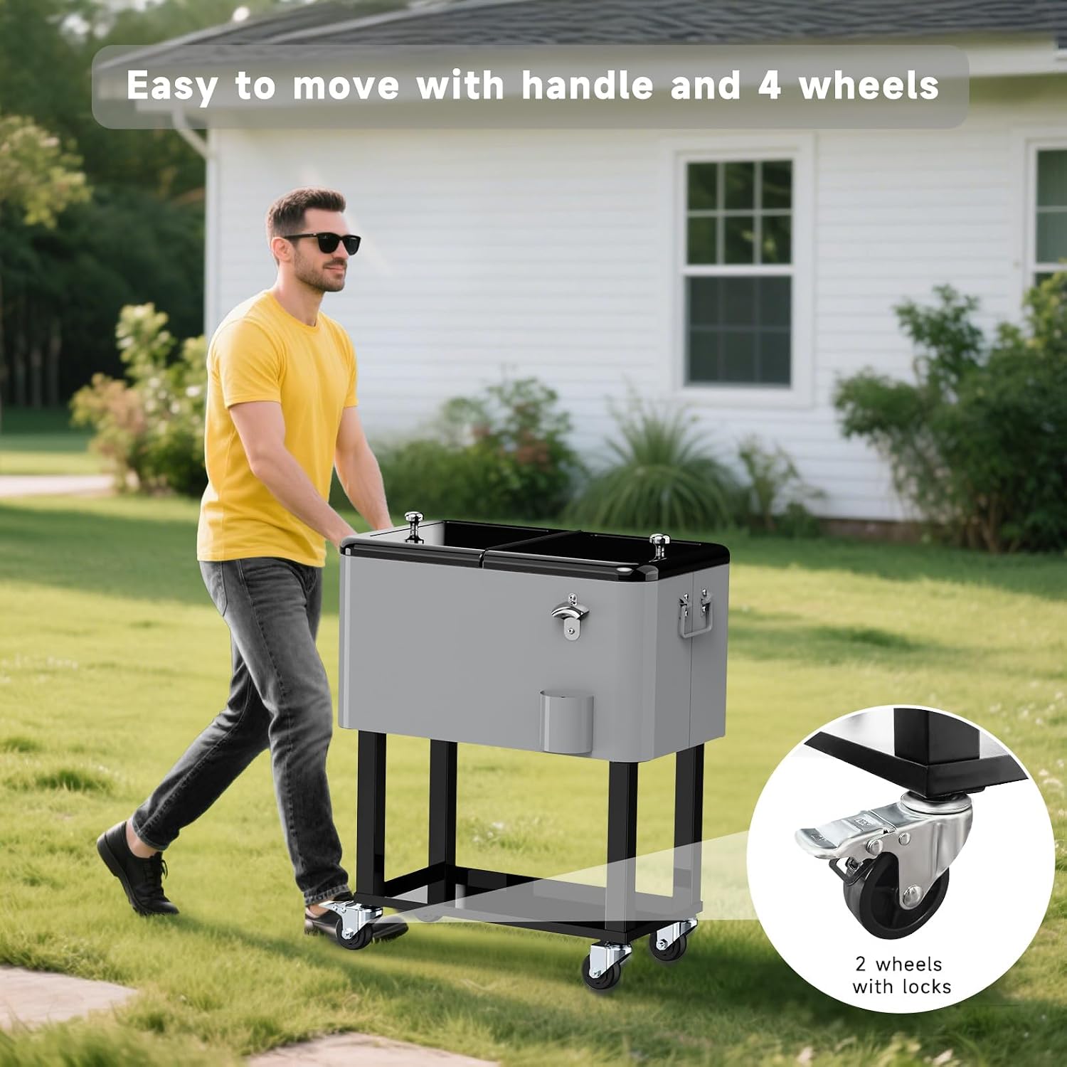 Ice Chest with Wheels, 60 Quart Portable Rolling Cooler with Bottle Opener & Cap Collector & Bottom Storage Tray for Patio Party & BBQ & Beach Activities