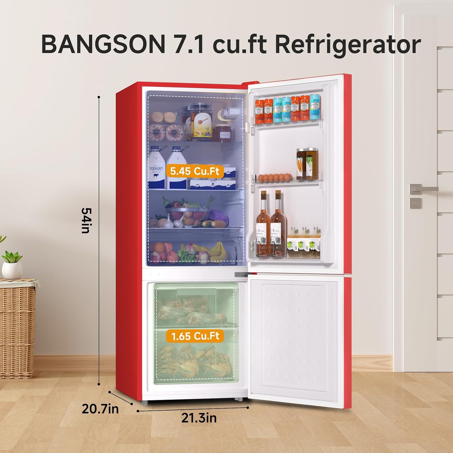 BANGSON Apartment 7.1 Cu.Ft Refrigerator with Freezer, Office Fridge with Bottom Freezer, Large Capacity, Energy Saving, Adjustable Thermostat, Low Noise, Red