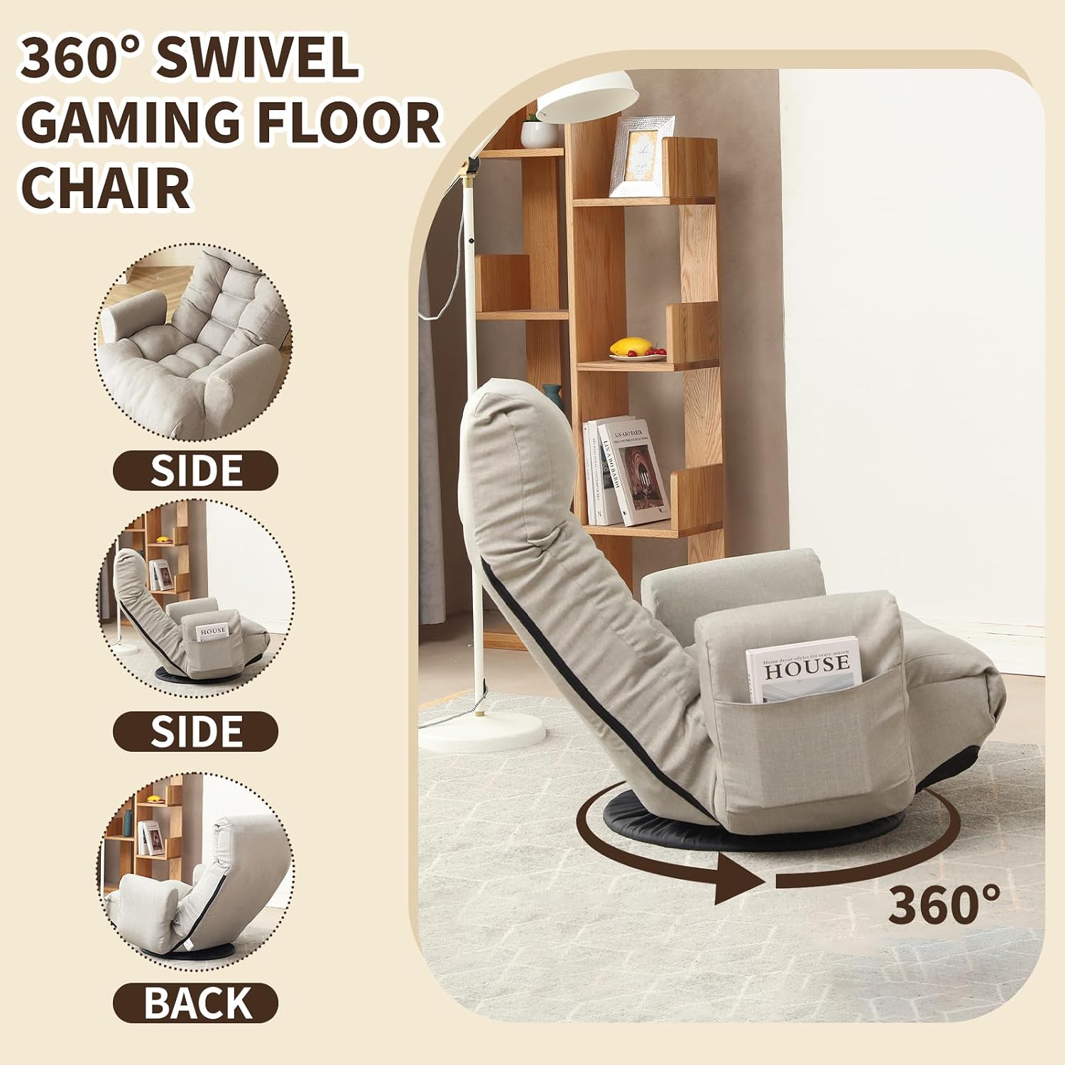 Swivel Lazy Floor Chair, Adjustable Reclining Floor Lounger with Head & Back Support, Comfy Tatami Sofa Seat for Adults Bedroom & Gaming