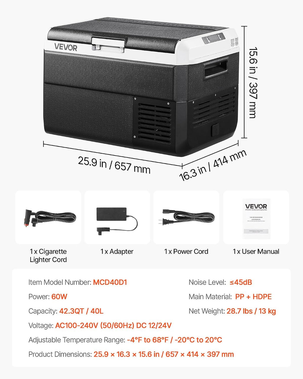 VEVOR 12 Volt Car Refrigerator, 42.3QT/40L Car Fridge, Portable Electric Cooler with -4℉~68℉ Adjustable Temperature, 12/24V DC and 100-240V AC Compressor Freezer for Outdoor, Camping, Travel, RV