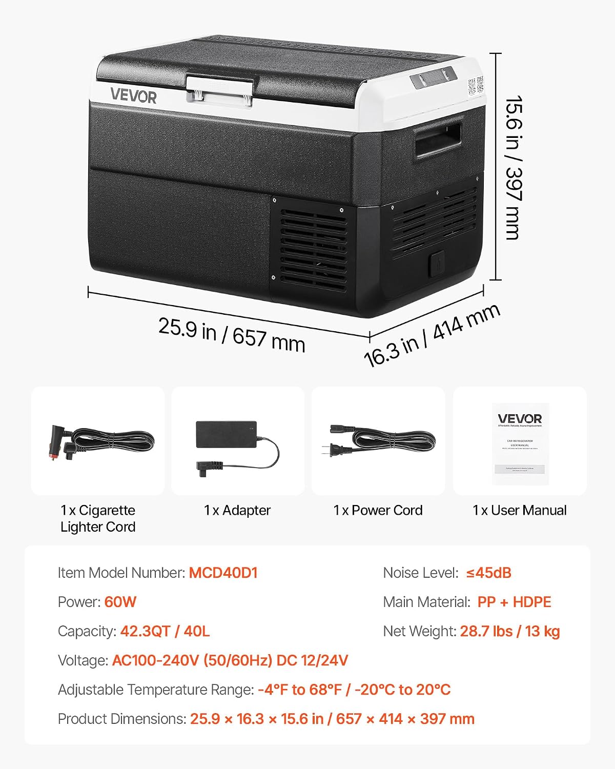 VEVOR 12 Volt Car Refrigerator, 42.3QT/40L Car Fridge, Portable Electric Cooler with -4℉~68℉ Adjustable Temperature, 12/24V DC and 100-240V AC Compressor Freezer for Outdoor, Camping, Travel, RV