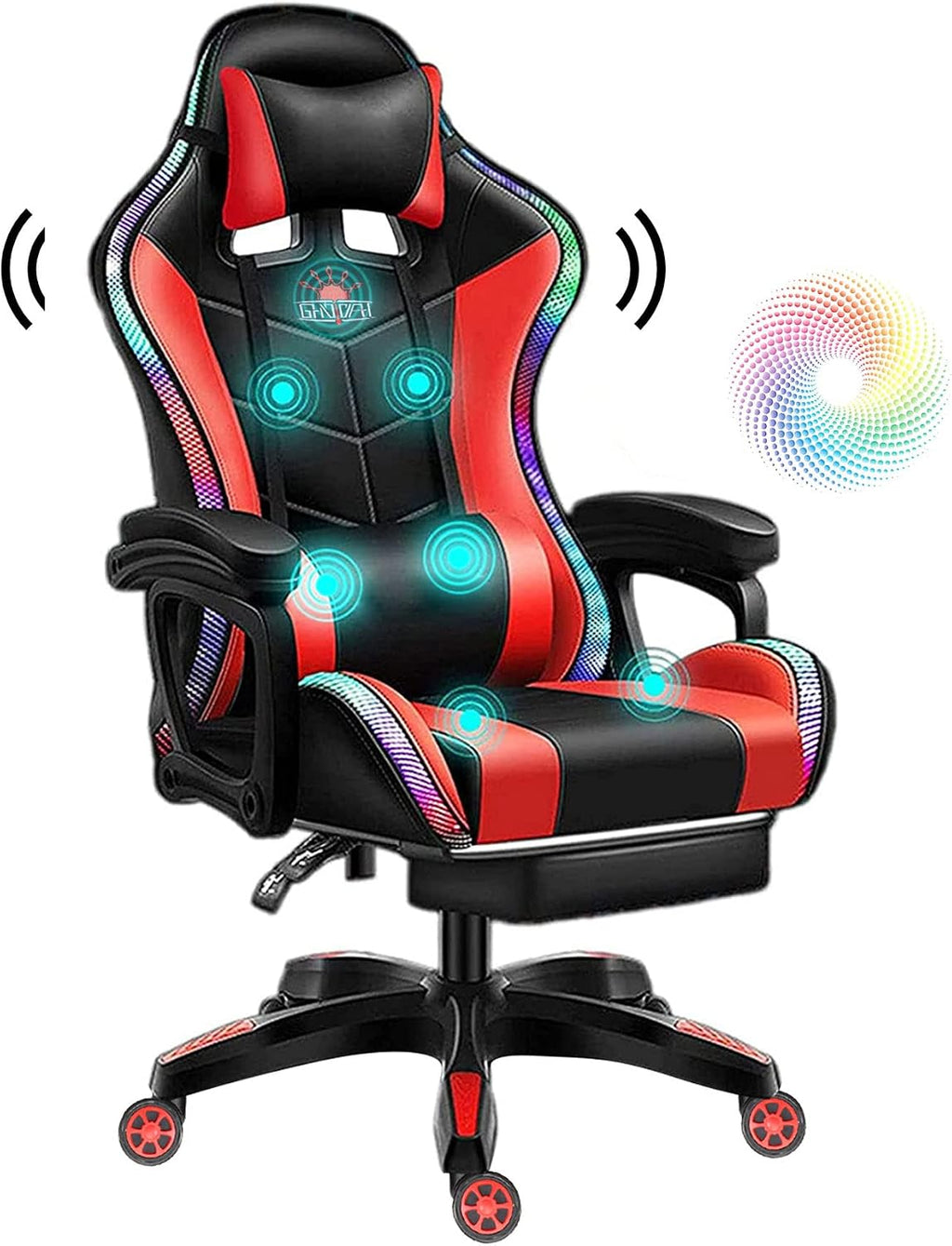 Gaming Chair with LED Light,High Back Office Chair with Speakers,Seven Point Massage Computer Chair, Ergonomic Racing Chair,PU Leather Recliner with Lumbar Support Headrest Armrest and Foo