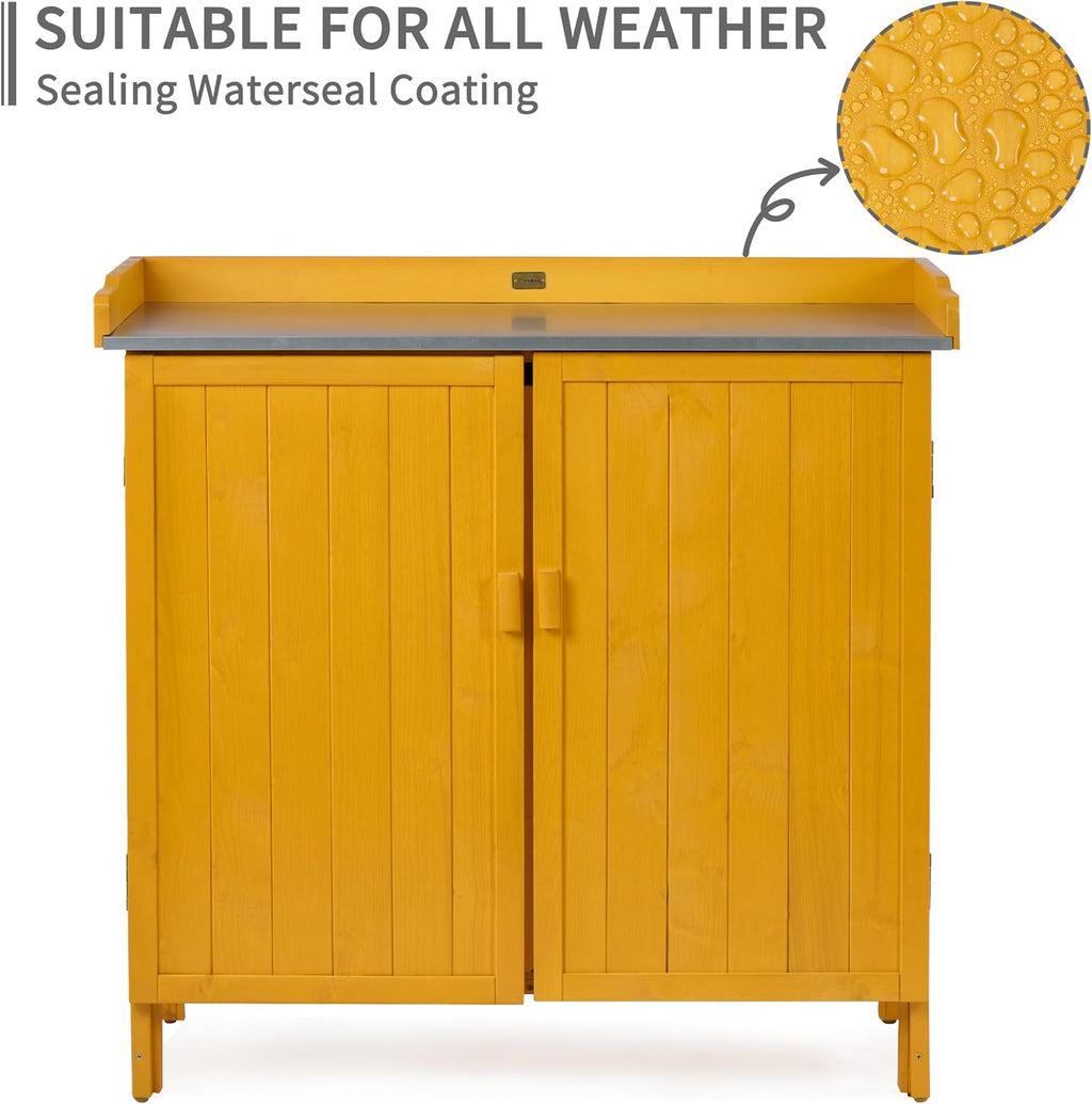 HABAU Outdoor Storage Cabinet with Potting Bench & Metal Tabletop, Wooden Planting Workstation for Garden Patio, Weatherproof