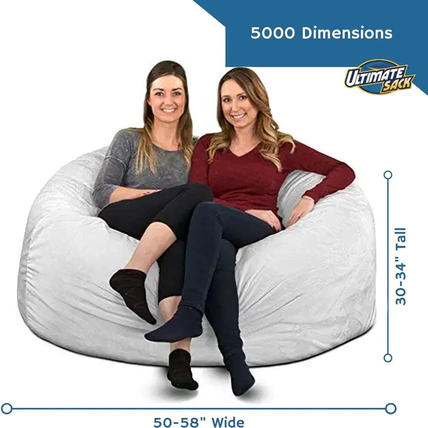 ULTIMATE SACK 5000 5-Foot Bean Bag Chair, Ivory Fur Cover – Oversized Foam Lounger, Floor Seat, Small Sofa, or Couch Bed for Living Area, Gaming Room, or Reading Lounge