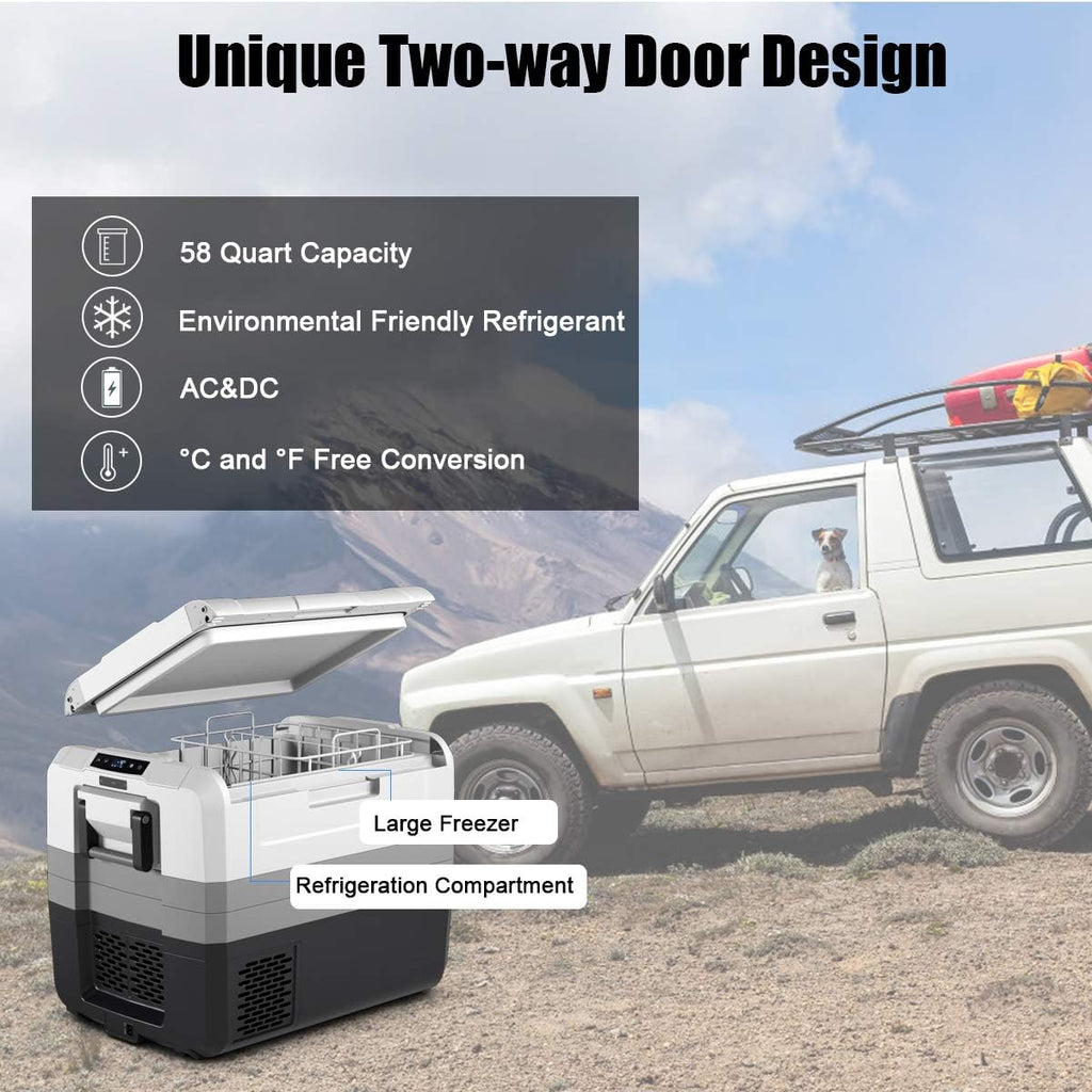 GOFLAME 58 Quart (55 L) Portable Car Refrigerator, Compressor Freezer -14.8°F to 50°F, Two-way Door Electric Powered Cooler Fridge, Compact Vehicle Refrigerator for Car Truck RV Boat, 12/24V DC