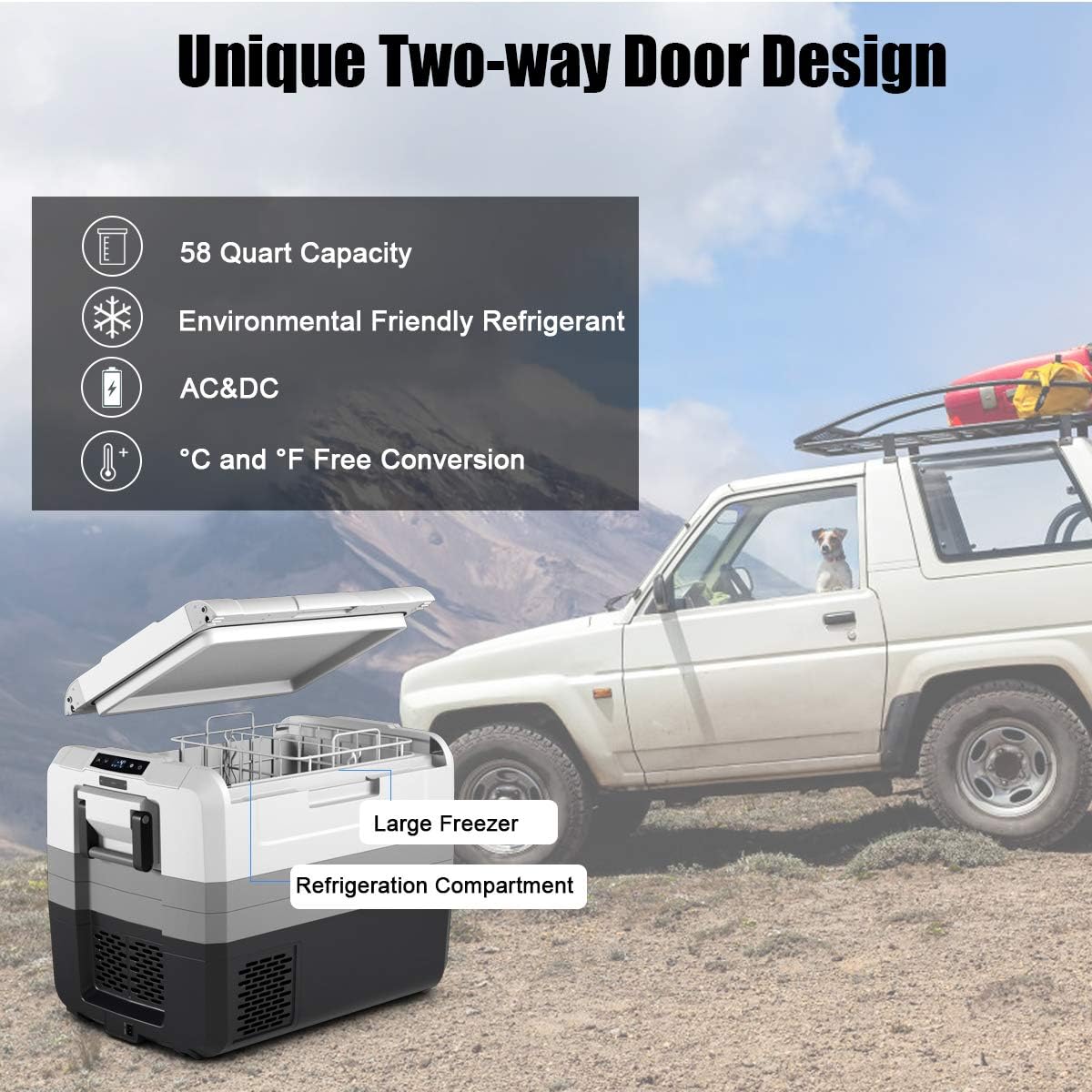 GOFLAME 58 Quart (55 L) Portable Car Refrigerator, Compressor Freezer -14.8°F to 50°F, Two-way Door Electric Powered Cooler Fridge, Compact Vehicle Refrigerator for Car Truck RV Boat, 12/24V DC
