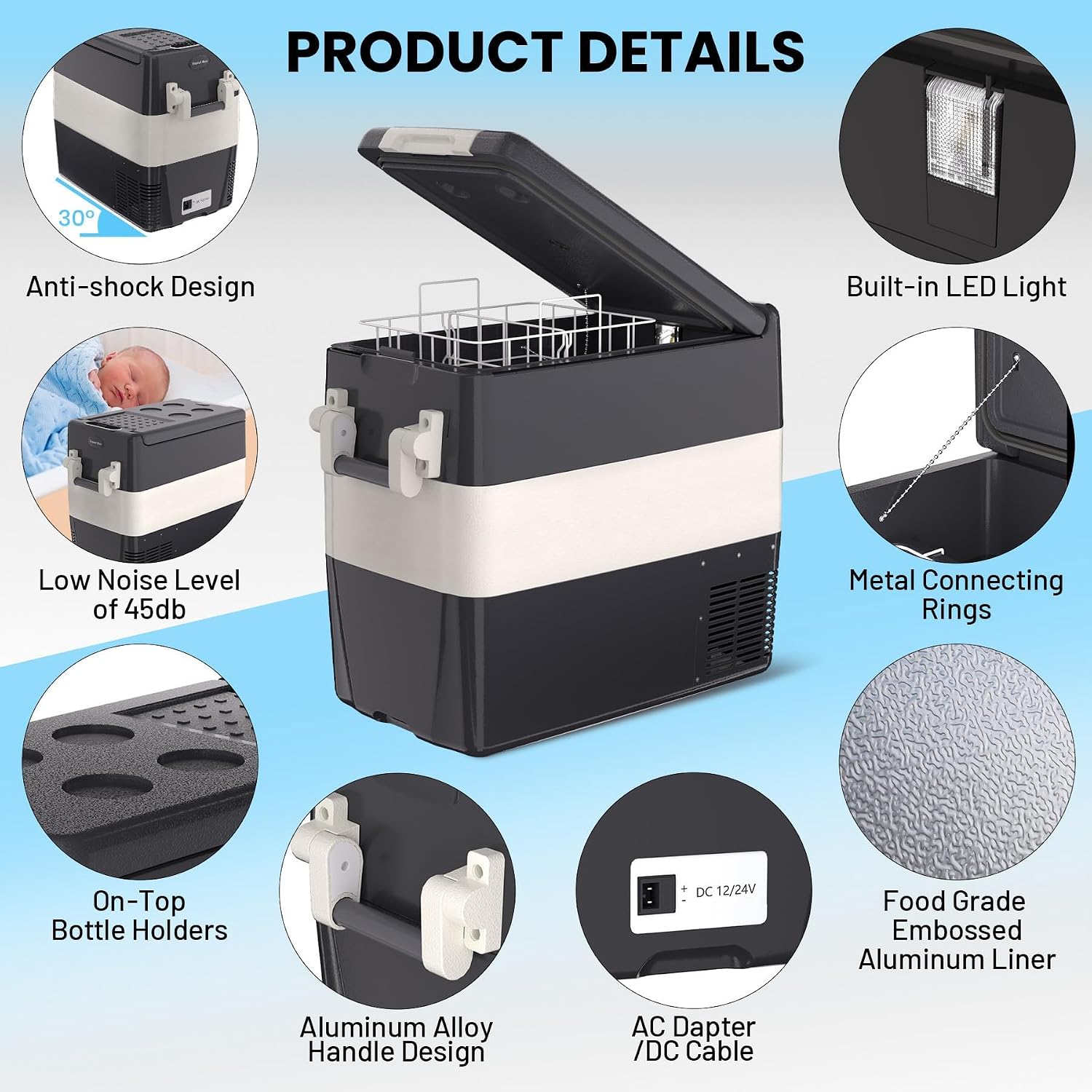 12 Volt Refrigerator, 30l Electric Cooler, 12v Fridge APP Control, 12v Cooler -4℉~68℉, Portable Freezer 12/24v DC 110-240v AC with Wheels & 2 Baskets