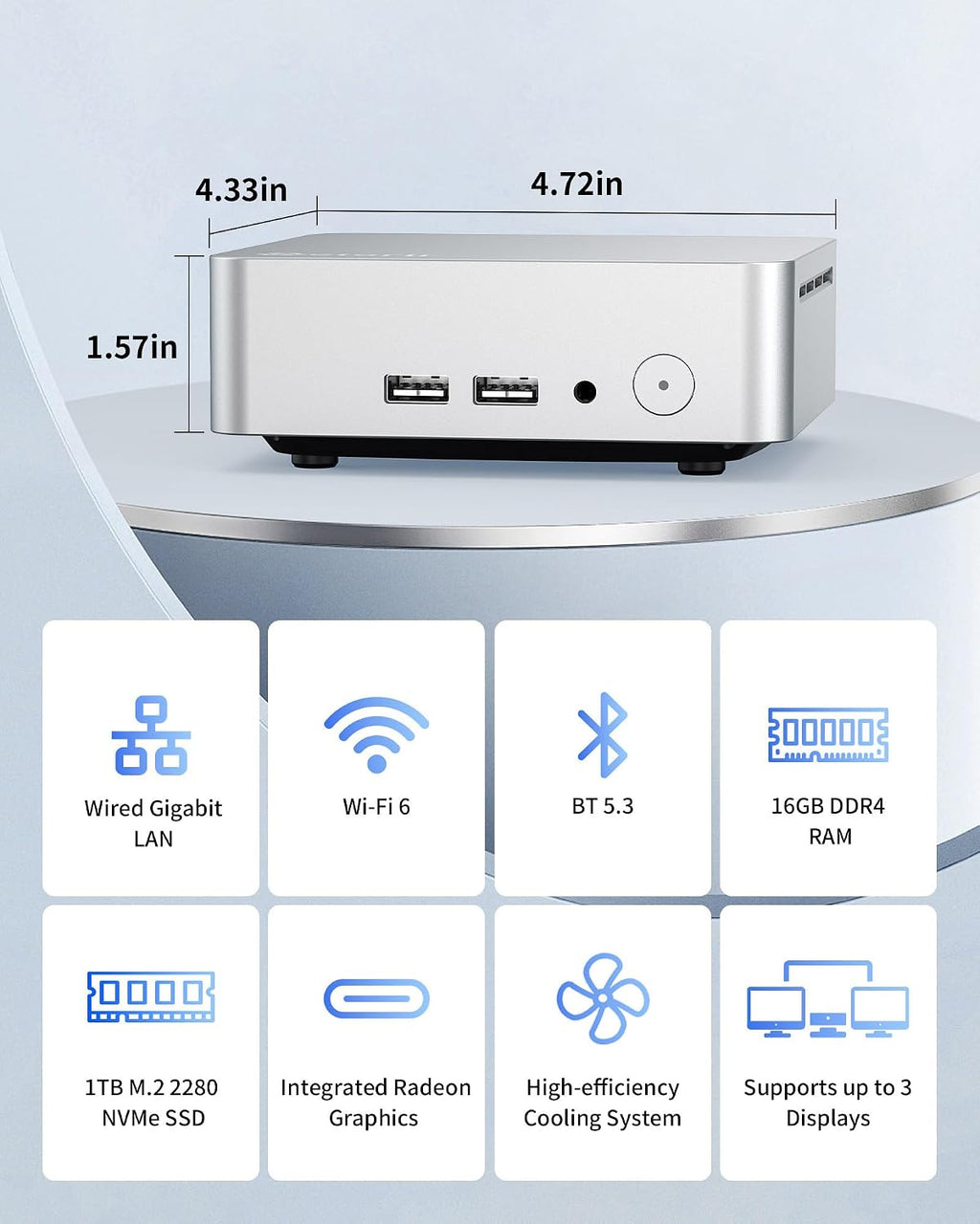 Getorli Mini PC AMD Ryzen 5 3550H (Max 3.7GHz), 16G DDR4 1TB NVMe SSD Mini Computers, Triple 4K Display Mini Desktop Computer, WiFi 6 Bluetooth 5.3, Dual HDMI Type-C, Small PC for Office, Home, HTPC