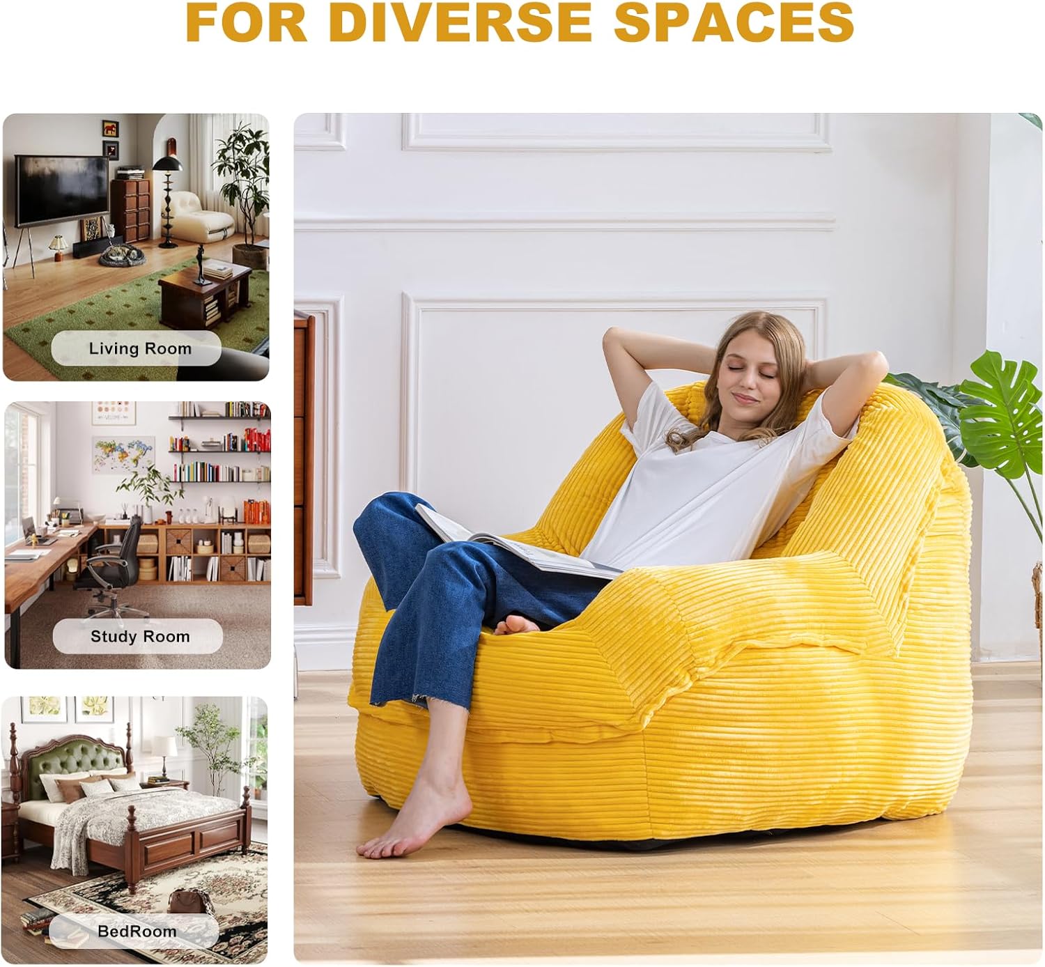 Giant Bean Bag Chair with Armrests - Oversized Cozy Seating for Adults, Corduroy Fabric & High-Resilience Foam Filling, Ideal Lounge for Living Room, Bedroom & Gaming Room (Corn Yellow)