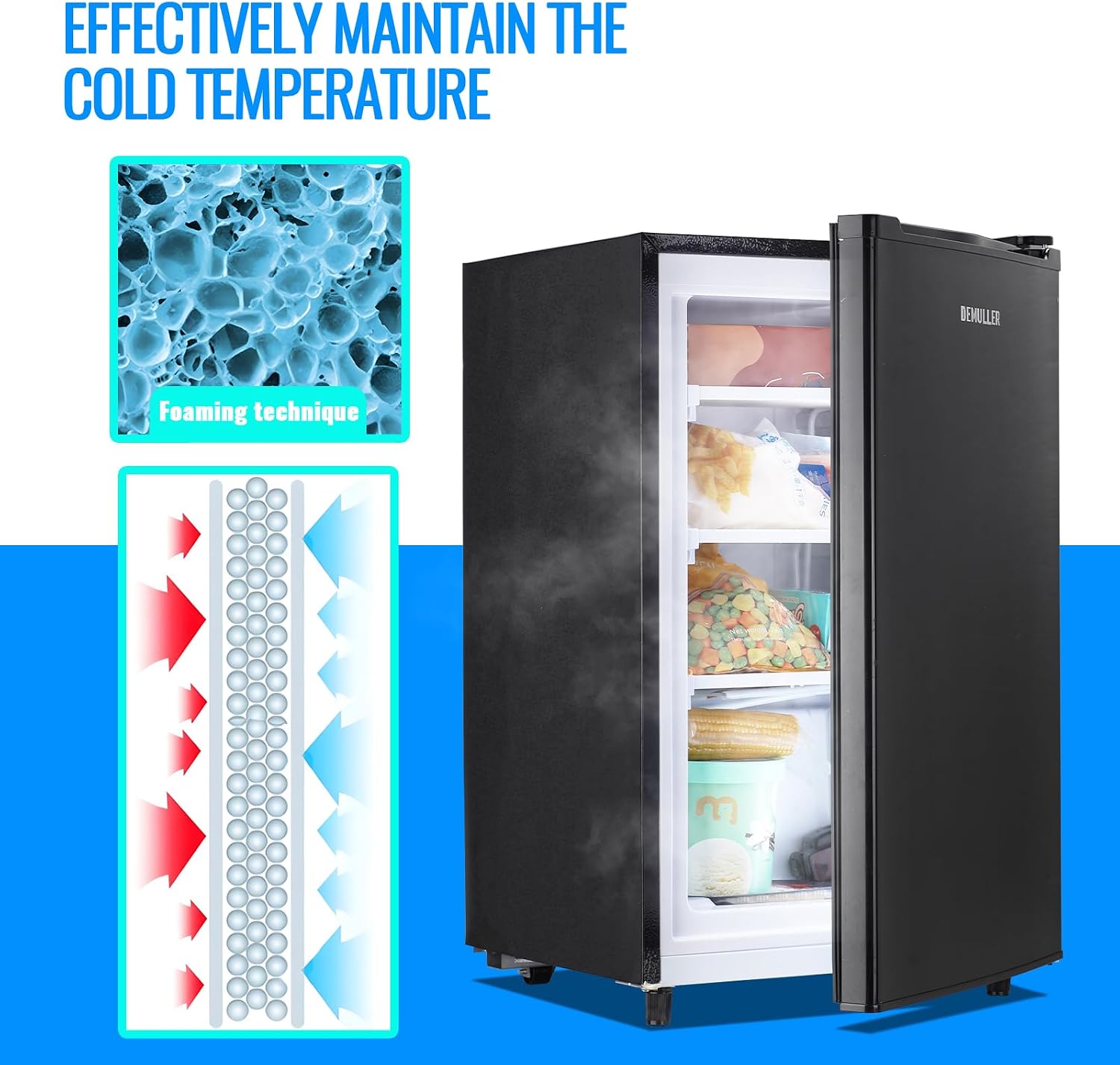DEMULLER 3.2 Cu.Ft Upright Freezer with 7 Adjustable Thermostat Stand-up Single Door Compact Freezers with Rapid Cooling Technology for Home Kitchen Dorm Black