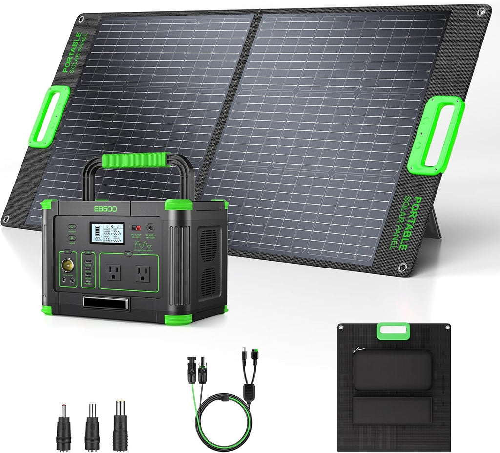 500W Portable Power Station with 100W Solar Panel, 519.48Wh Solar Generator Kit with 60W USB-C PD Output, 110V Pure Sine Wave AC Outlet Backup Lithium Battery for Outdoors Camping Travel Emergency