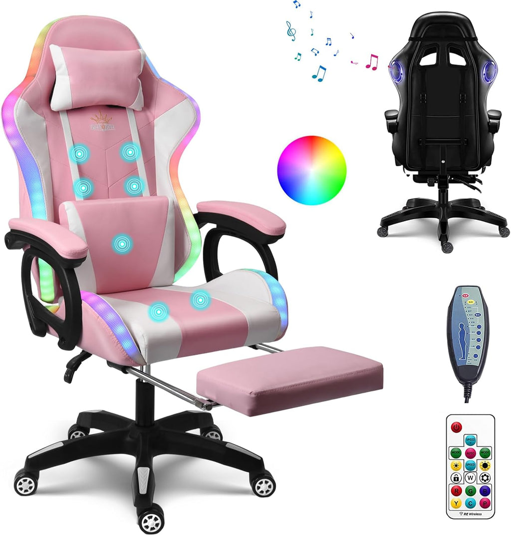 Massage Gaming Chair with Speakers Video Game Chair with RGB LED Lights Ergonomic Racing Office Chair PU Leather Recliner Computer Chair Swivel Chair with Headrest Armrest Lumbar Support,Pink