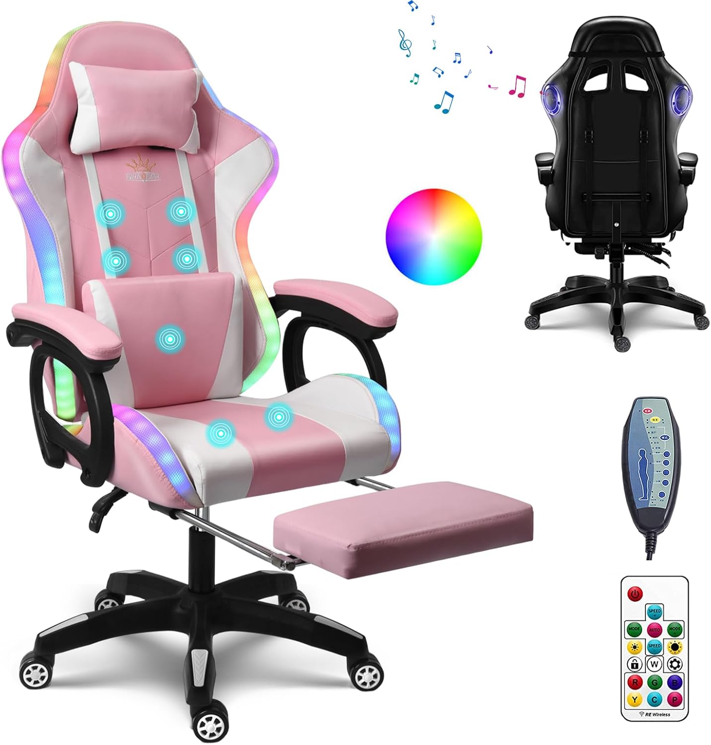 Massage Gaming Chair with Speakers Video Game Chair with RGB LED Lights Ergonomic Racing Office Chair PU Leather Recliner Computer Chair Swivel Chair with Headrest Armrest Lumbar Support,Pink