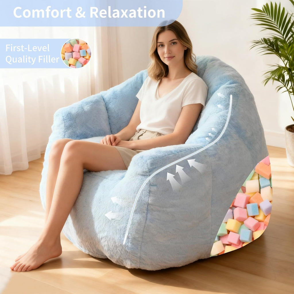 Bean Bag Chair, Giant Beanbag Chiars for Adults, Faux Fur Shell-Shaped Floor Sofa with Filler, Comfy Chair for Reading, Gaming and Relax (Blue)