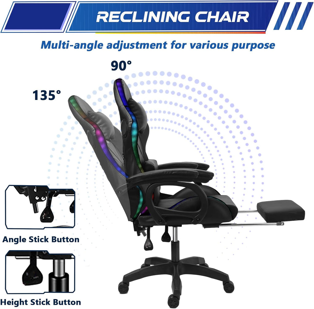 Computer Gaming Chair with Speakers and Massage RGB Video Game Chair Ergonomic Gamer Chair Racing Chair PU Leather High Back Recliner Chair with Lumbar Support Headrest Armrest,Black
