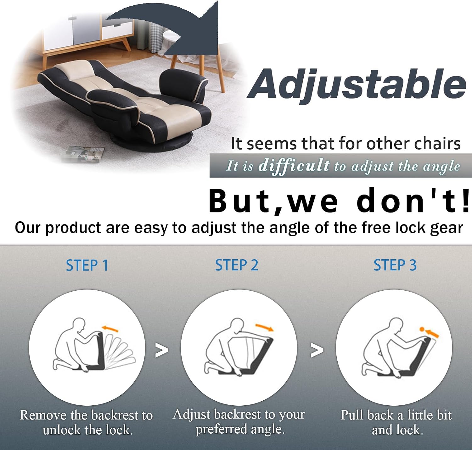 360 Degree Swivle Adjustable Floor Chair, Chaise Lounge Indoor, Folding Lazy Sofa with Armrests and Side Pocket Adults Gaming Chairs for Living Room, Bedroom Factory Price 201 (BK-GR)