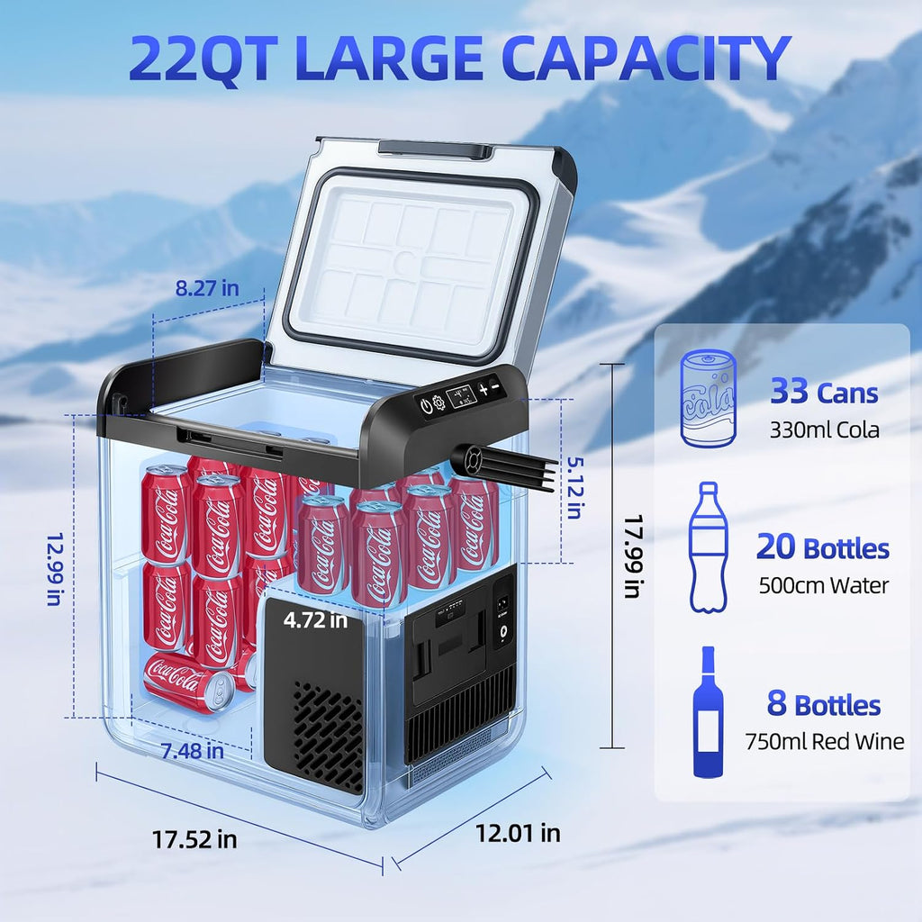 Car Refrigerator Freezer, 22QT Car Fridge Compressor Cooler for Vehicle Use, Dual Power 12V/24V DC & 110-240V AC, -4°F to 50°F for Truck, RV, SUV