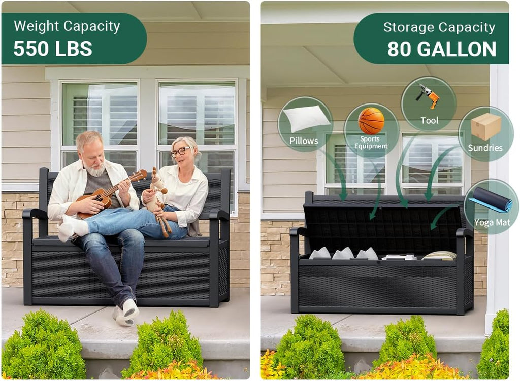 80 Gallon Outdoor Storage Box, Deck Box with Waterproof and UV Resistant, Resin Patio Furniture with Lockable for Garden Tools and Pool Supplies, Black