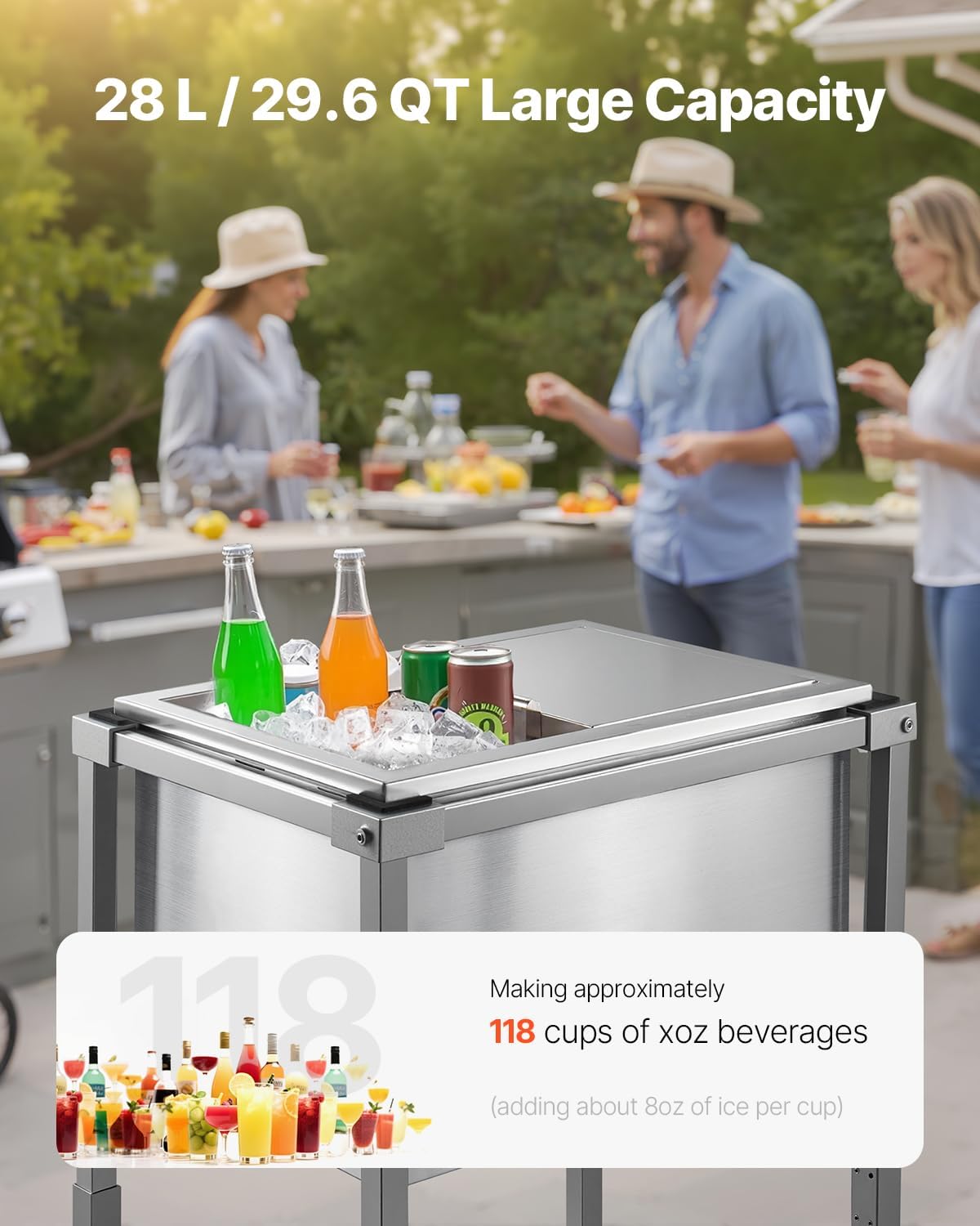 VEVOR Commercial Ice Bin, Underbar Ice Bin, Stainless Steel Ice Chest with Sliding Lid, Bottle Holders, Adjustable Bullet Feet, Cooler Cart Cocktail Unit for Bar Restaurant Pub