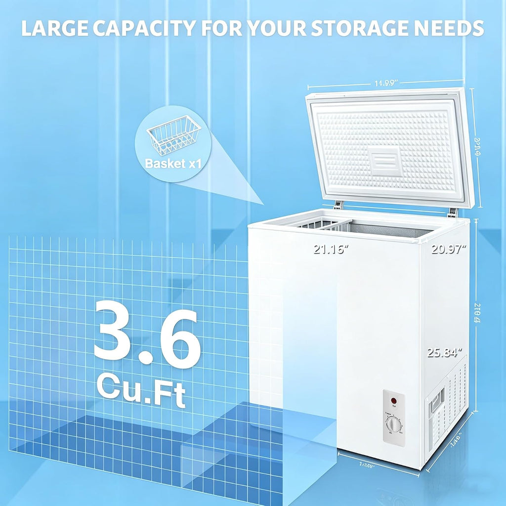 Compact Deep Freezer, 3.6 Cu Ft Chest Freezer with 6 Adjustable Thermostat, Top Open Door Freezer with Removable Basket, Energy Saving Freezer for Home, Apartment, Office, White