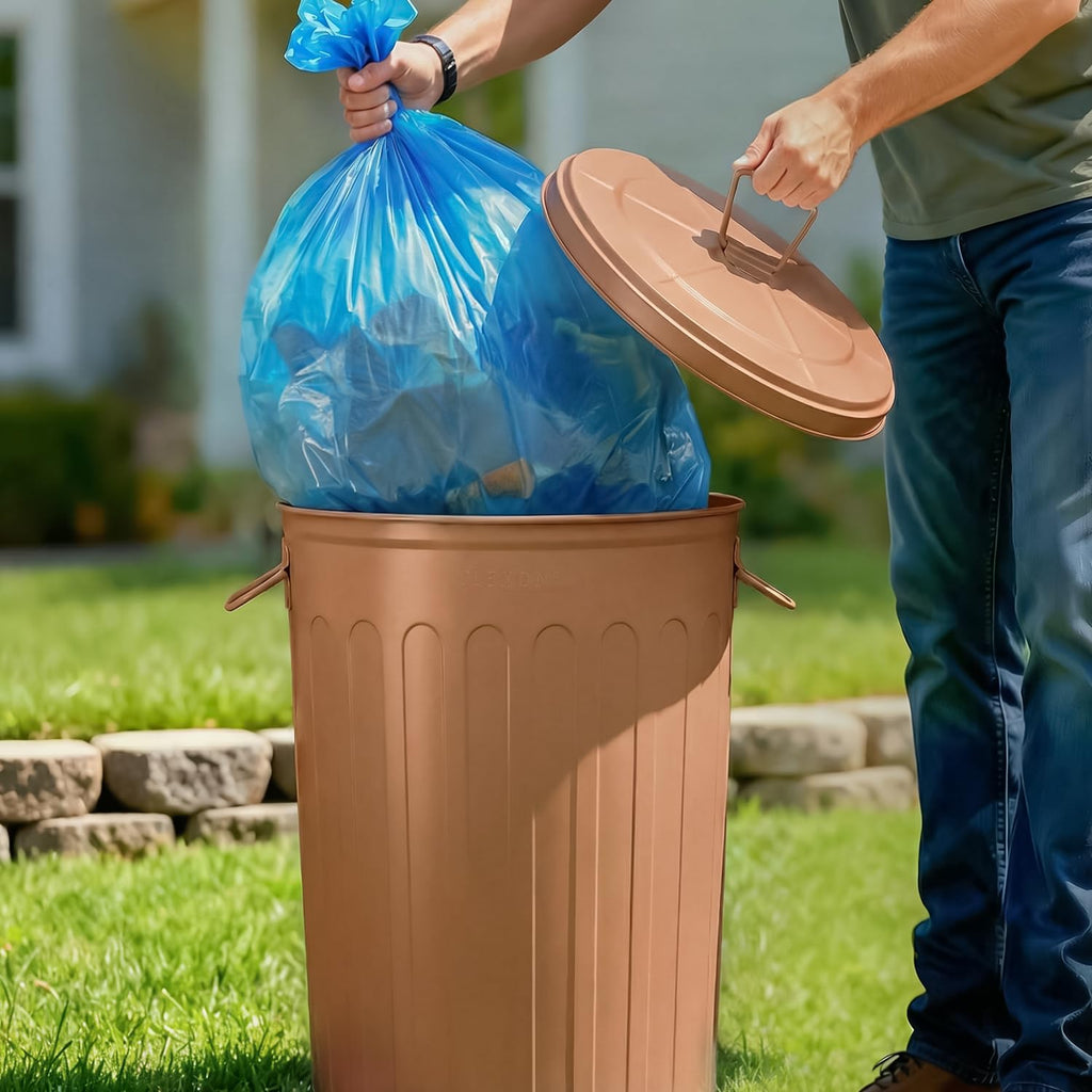 Plexon 20 Gallon Metal Trash Can with Lid Outdoor Large Trash Bin Steel Garbage Can for Garage Patio Farmhouse Bucket Bird Seed Storage Can Heavy Duty Round Container, Copper 2 Pack