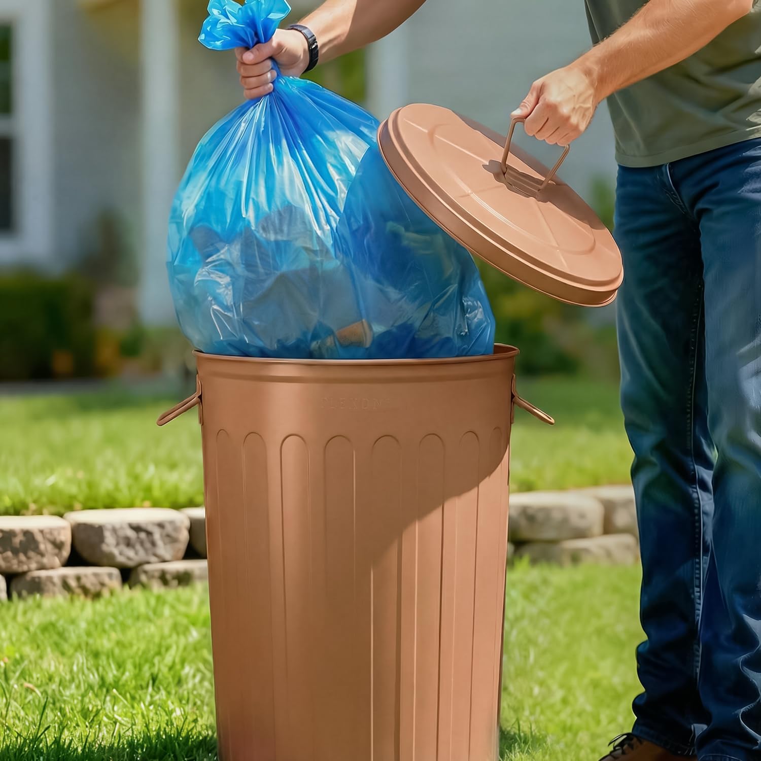 Plexon 20 Gallon Metal Trash Can with Lid Outdoor Large Trash Bin Steel Garbage Can for Garage Patio Farmhouse Bucket Bird Seed Storage Can Heavy Duty Round Container, Copper 3 Pack
