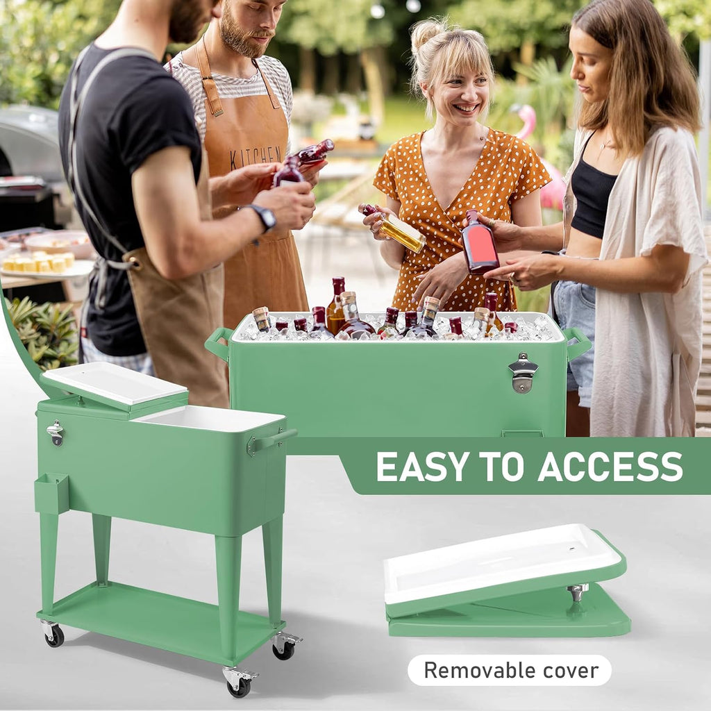 Outvita 80 Quart Rolling Ice Chest, Portable Bar Drink Cooler with Catch Basin, Bottom Storage Tray and Bottle Opener for Patio Party BBQ Beach Activities