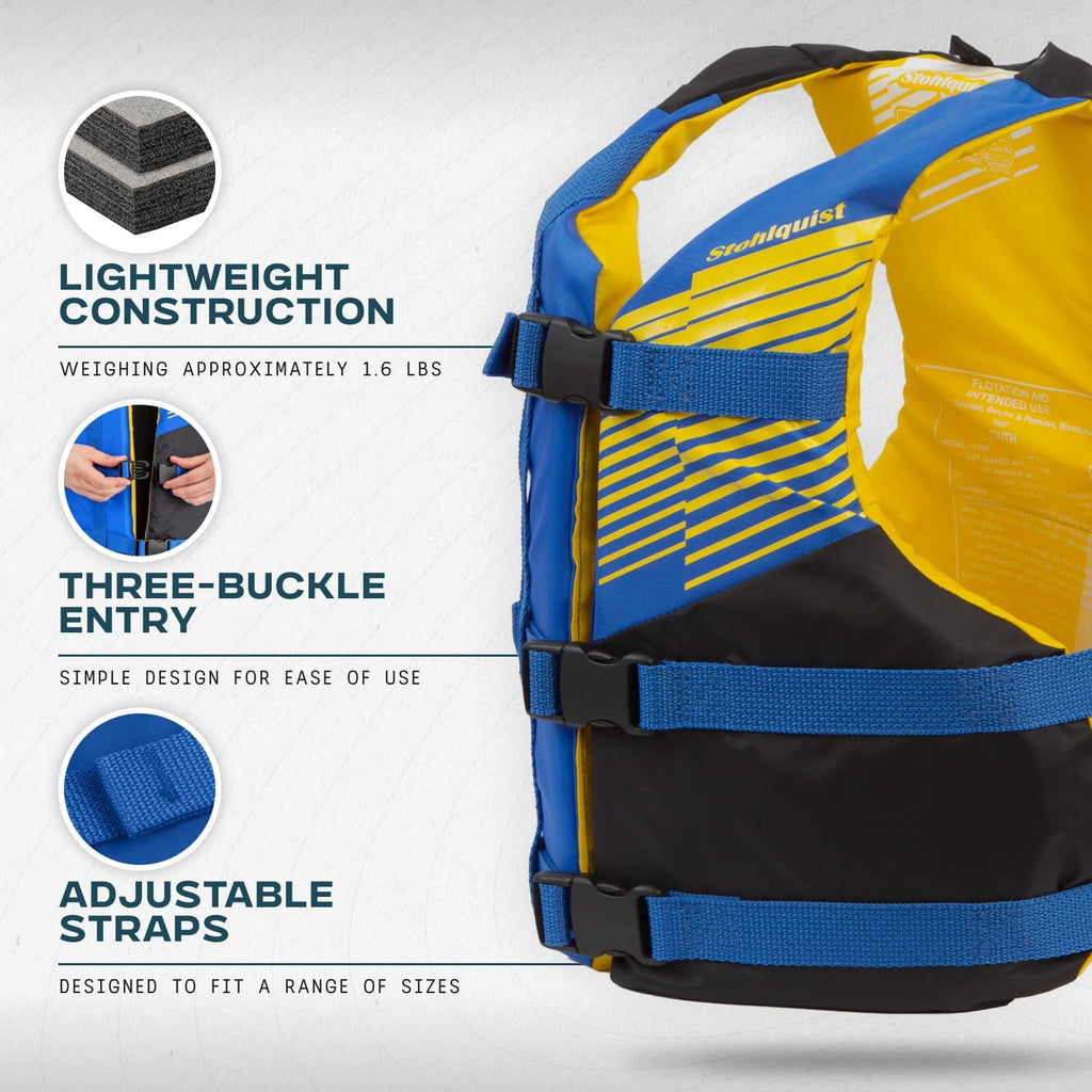 Stohlquist Universal Fit Adult Life Jacket PFD (4 Pack) Coast Guard Approved, for Men and Women 90+ lbs, Lightweight Neoprene and Adjustable, Ideal for Boating, Kayaking & Water Sports