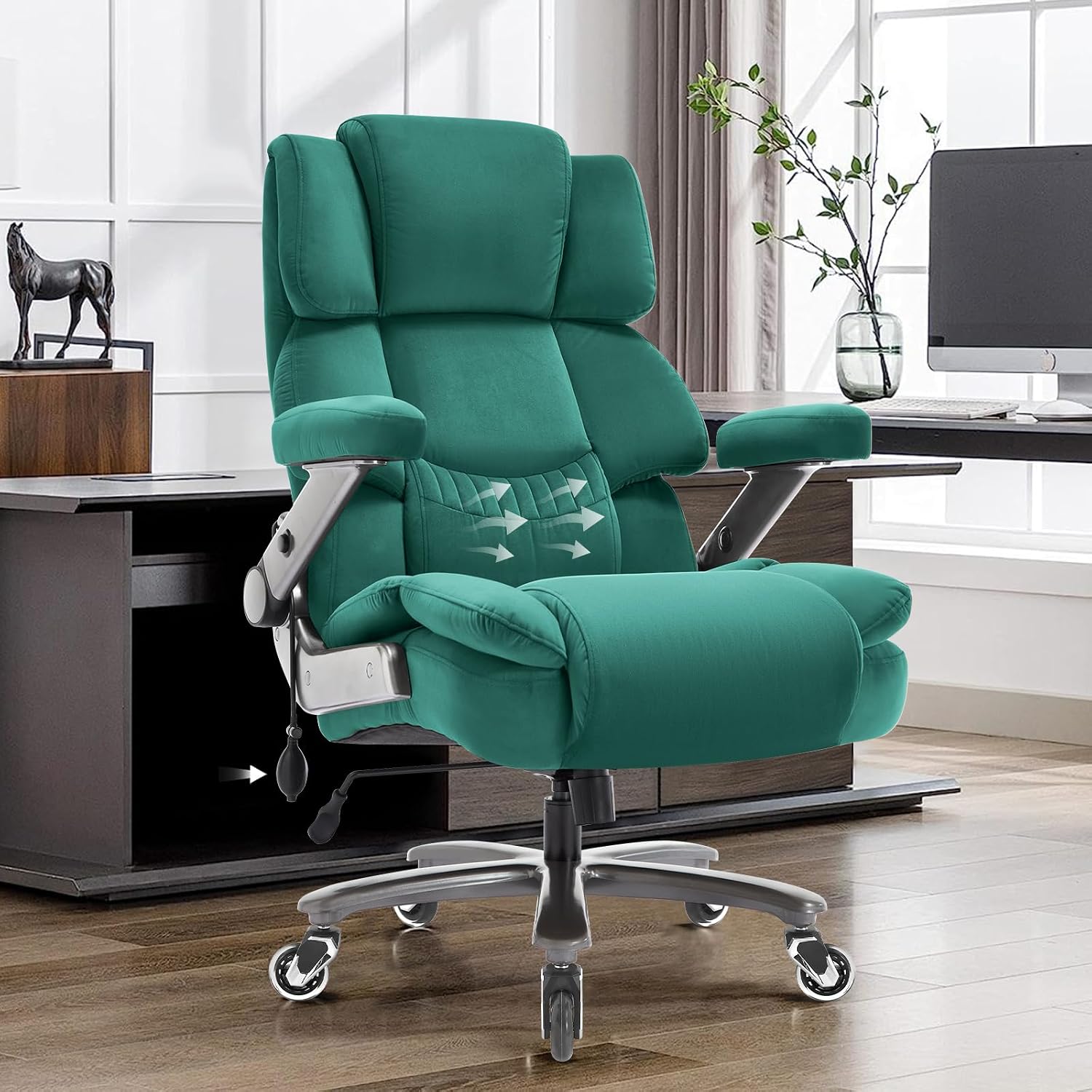VUZI 700LBS Large Heavy Duty Office Chair with 3D Flip Arms, Big and Tall Plus Size Fabric Executive Desk Chairs, High Back Extra Wide Computer Chair with Adjustable Lumbar Support, Sturdy Metal Base
