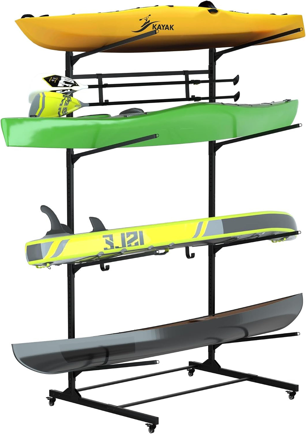 RELIANCER Freestanding Kayak Storage Rack w/Wheel,Adjustable Kayak Stand for Boat Dock,Garage,Indoor & Outdoor Canoe and Kayaks Holder,Water Sport Watercraft Storage Rack for SUP,Surfboard
