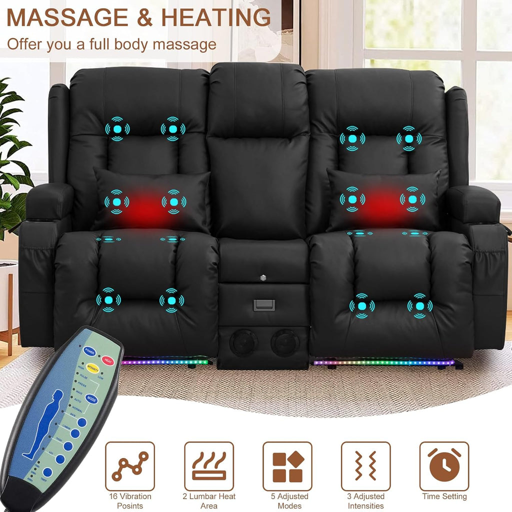 Loveseat Recliner Chair, Leather Sofa with Massage & Heating, Home Theater Seating with Console Power Recliner with Outlet/LED Light/Cup Holders/Speaker/USB Port (Black, Loveseat with Console)