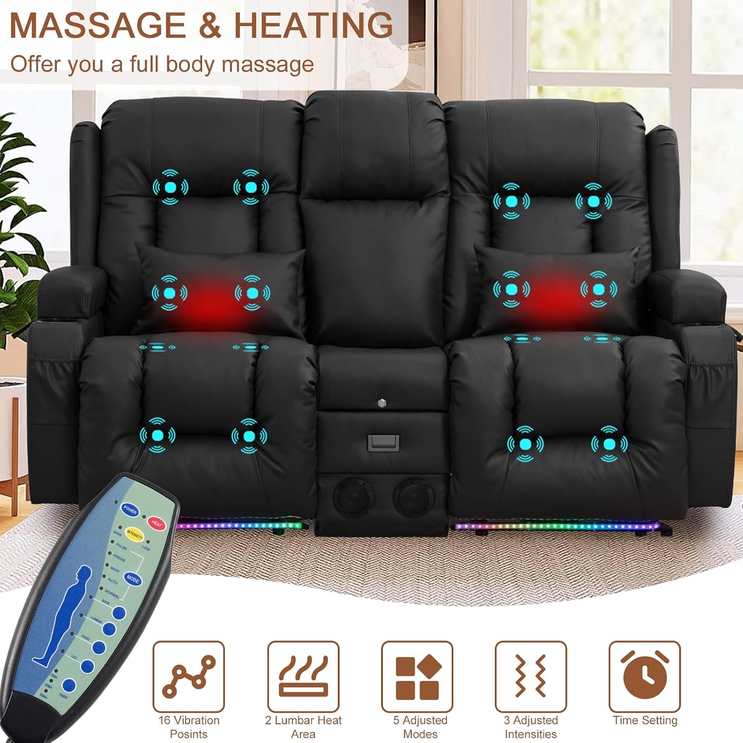 Loveseat Recliner Chair, Leather Sofa with Massage & Heating, Home Theater Seating with Console Power Recliner with Outlet/LED Light/Cup Holders/Speaker/USB Port (Black, Loveseat with Console)