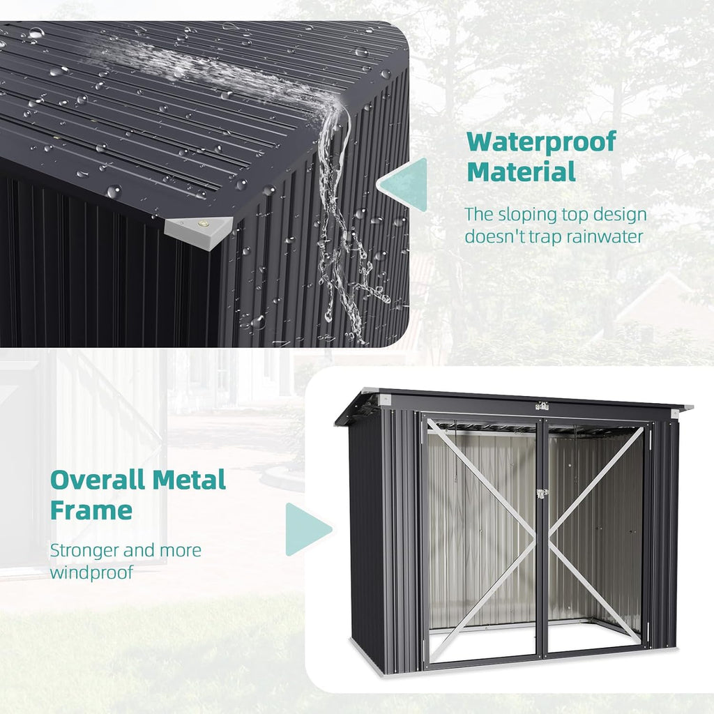 oneinmil Outdoor Storage Shed 5 x 3 FT, Horizontal Metal Shed with Lockable Doors, Waterproof Storage Cabinet with Lid Chain for Trash Can, Toys, Weeding Tools, for Garden, Backyard, Patio