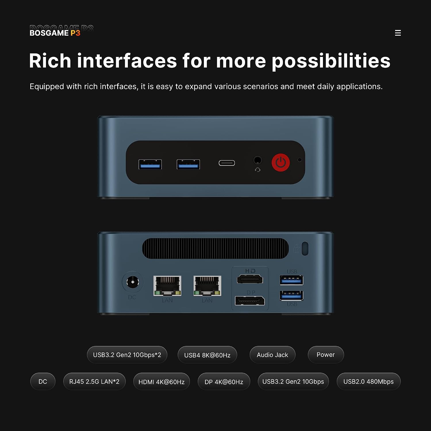 BOSGAME P3 Lite Mini PC Gaming Computers Ryzen 7 6800H, Radeon 680M Graphics, 32GB DDR5 RAM, 1TB PCIe 4.0x4 SSD,Triple Display (HDMI/DP/USB4),USB4 8K 60Hz,WiFi 6E,BT5.2,Dual 2.5GbE LAN