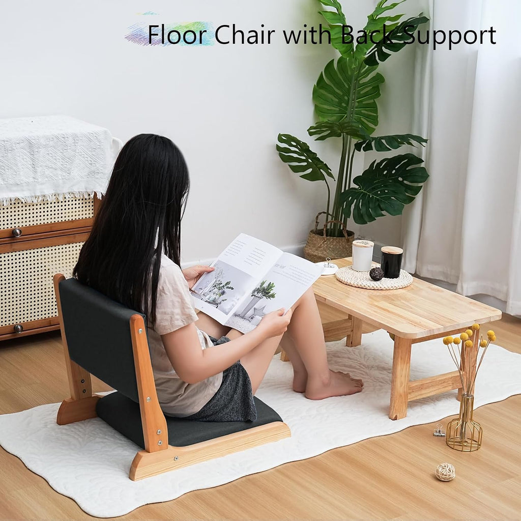 Japanese Floor Chair with Back Support, Foldable Meditation Chair, Legless Tatami Chair with Cushion, Floor Seat for Living Room, Bedroom, Bay Window (2, Black) (2, Black)