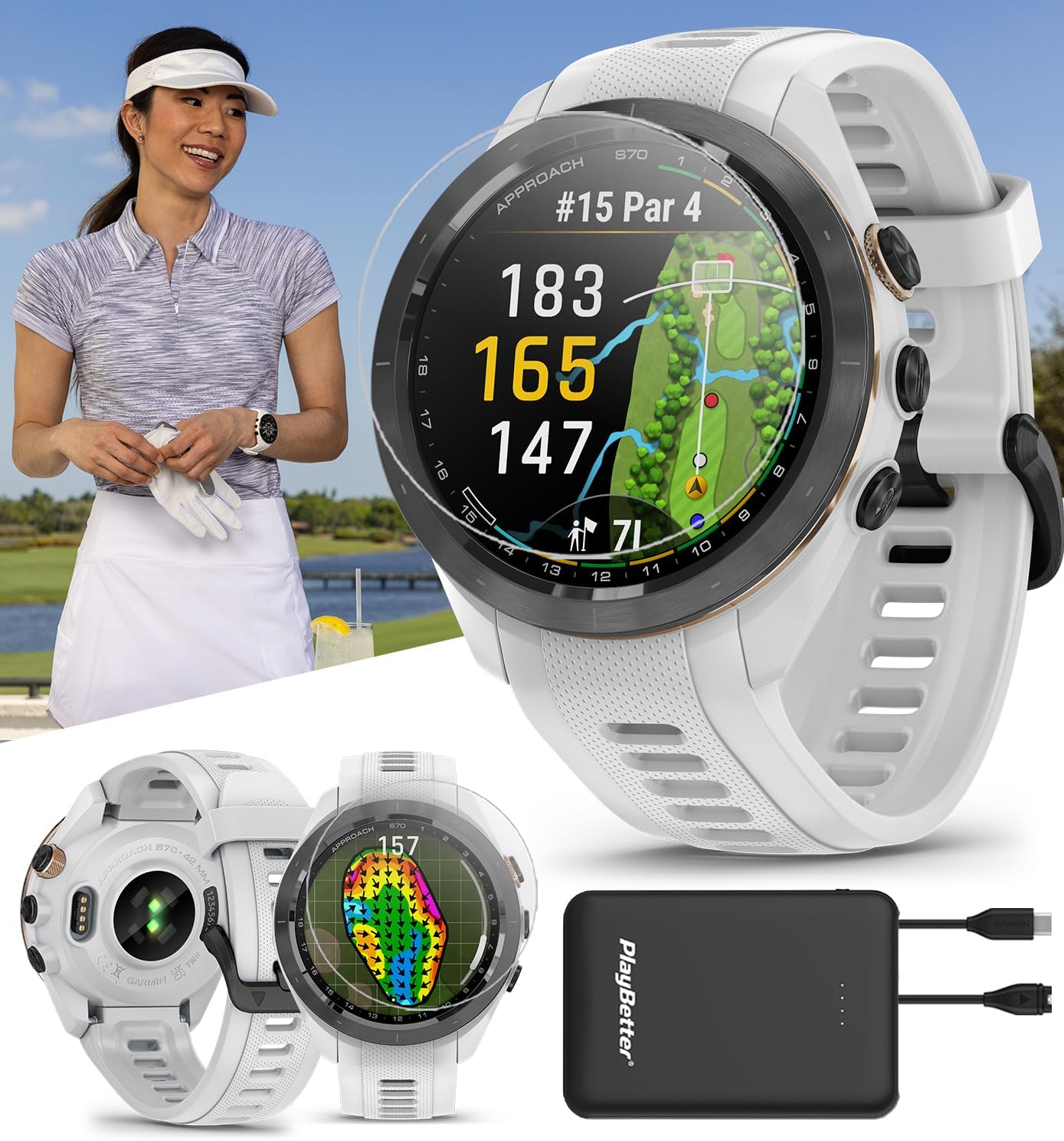 Garmin Approach S70 (White, 42mm) Golf GPS Watch Bundle - AMOLED Display, Virtual Caddie & PlaysLike Distance - Includes PlayBetter 5000mAH Portable Charger & Screen Protectors