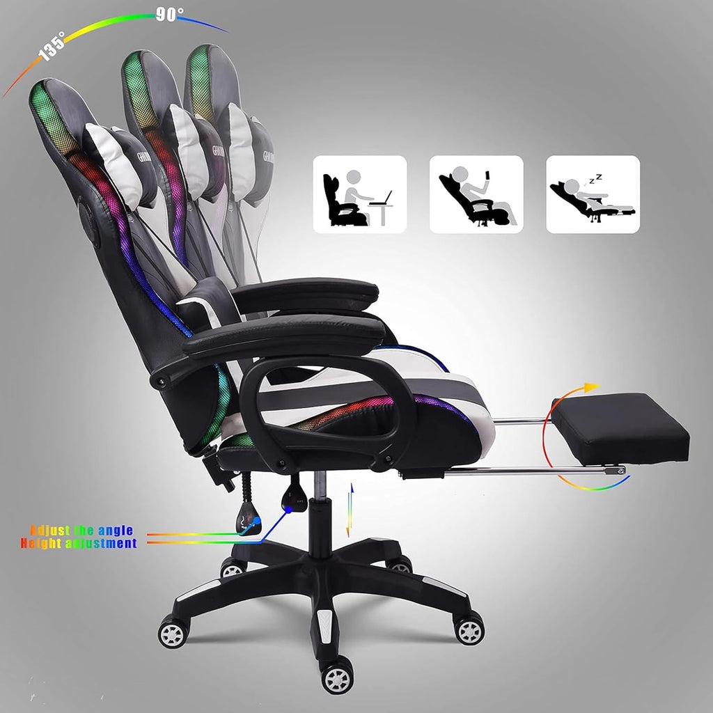 Video Gaming Chair with Footrest,Game Chair with Bluetooth Speakers,Computer Chair with LED Lights,Ergonomic Massage Gaming Chair with Massage Function,360°Swivel 90°-135° Adjustment Backrest (White)